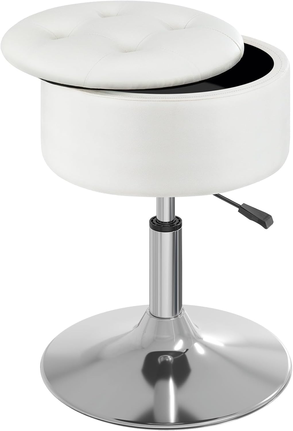 GREENSTELL Vanity Stool with Storage, 19" to 23" Height Adjustable PU Leather Vanity Chair, 360° Swivel Makeup Stool with Removeable Tray, Modern Ottoman for Bedroom Bathroom, Grey