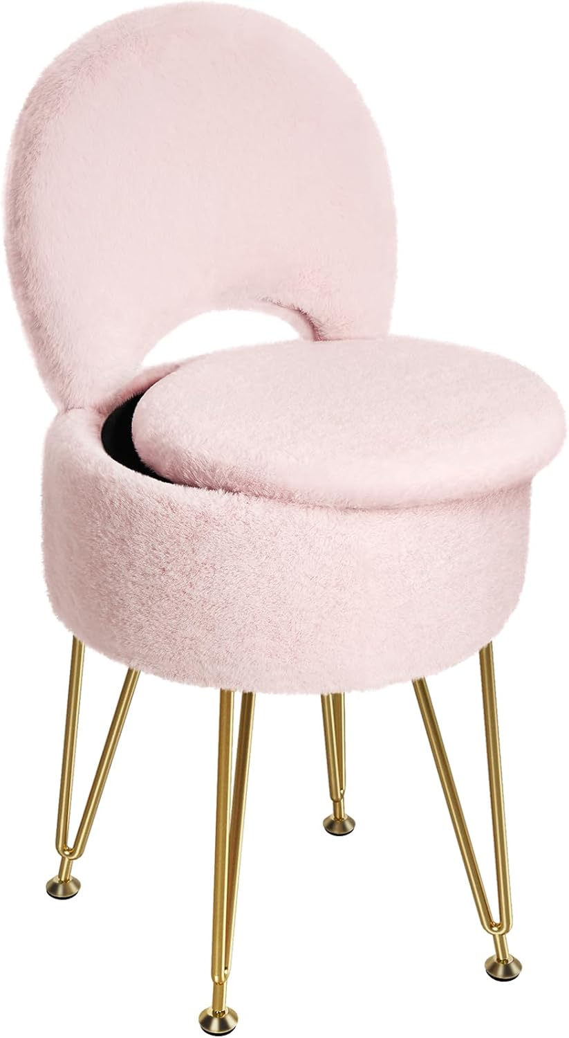 GREENSTELL Small Vanity Stool Chair with Storage and Folding Back, 13" x 13" x 17.7" Faux Fur Soft Ottoman for Teenager, 4 Metal Legs with Anti-Slip Feet, Furry Padded Seat for Makeup, Bedroom, White