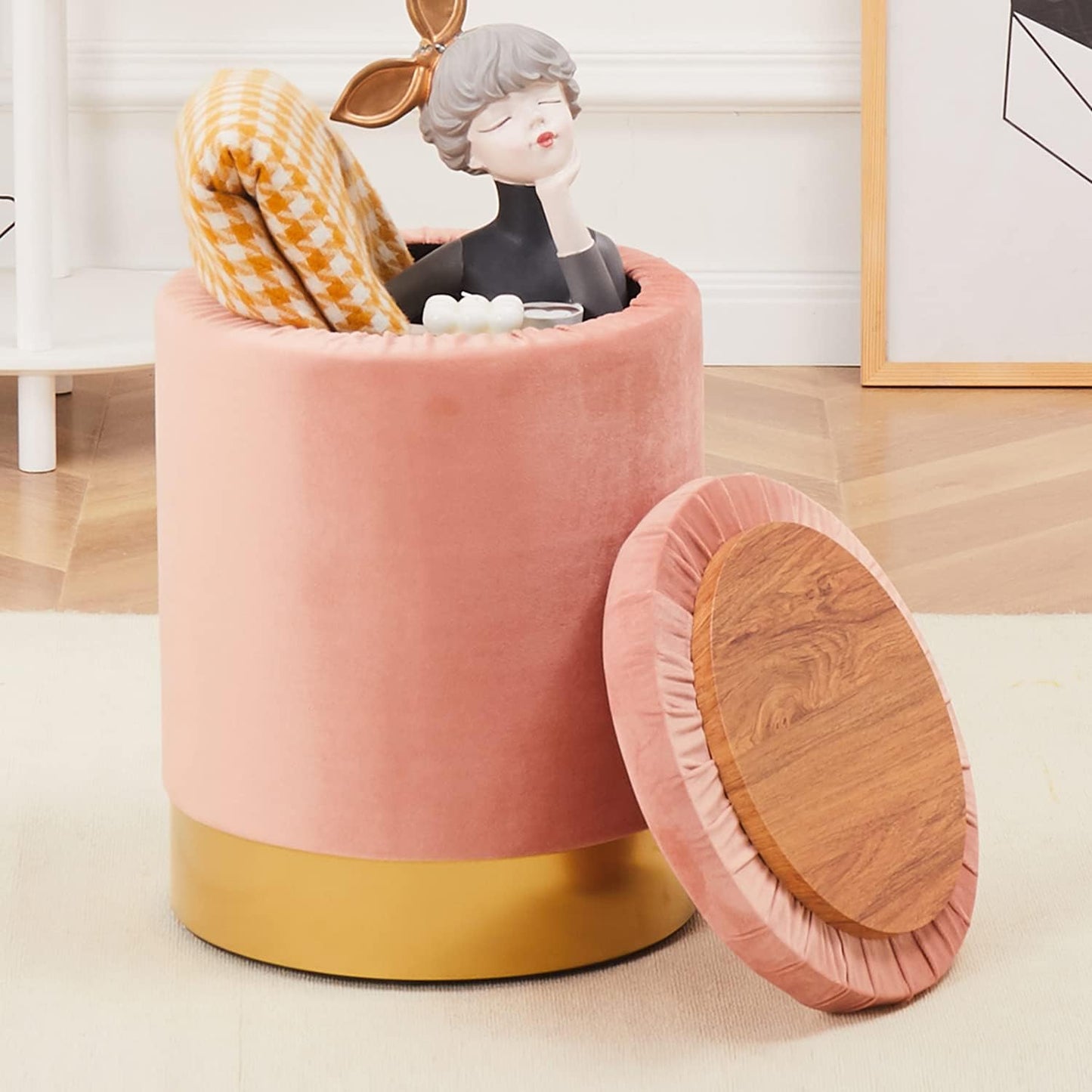 Mxfurhawa Velvet Storage Ottoman Multipurpose Footrest Stool with Metal Base Modern Round Vanity Stool Chair Ottoman Foot Stools Support 300 lbs Padded Seat for Living Room (Cream (Velvet))