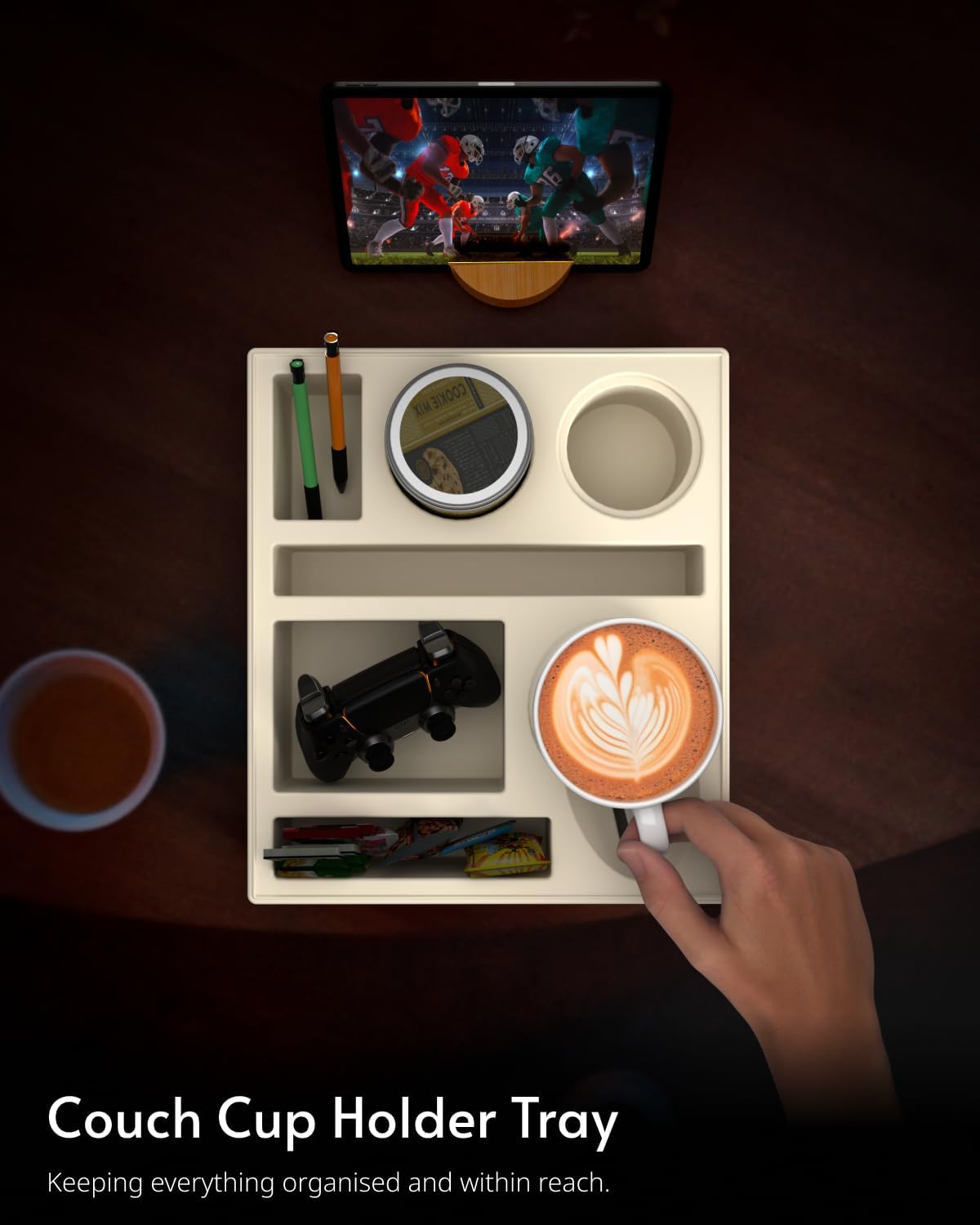 Couch Cup Holder Tray - Couch Organizer Caddy, Silicone Beach Caddy with Cup Holder, Sofa and Bed Drink Holder and Couch Tray Table for Snacks Beverage Remote (Beige)