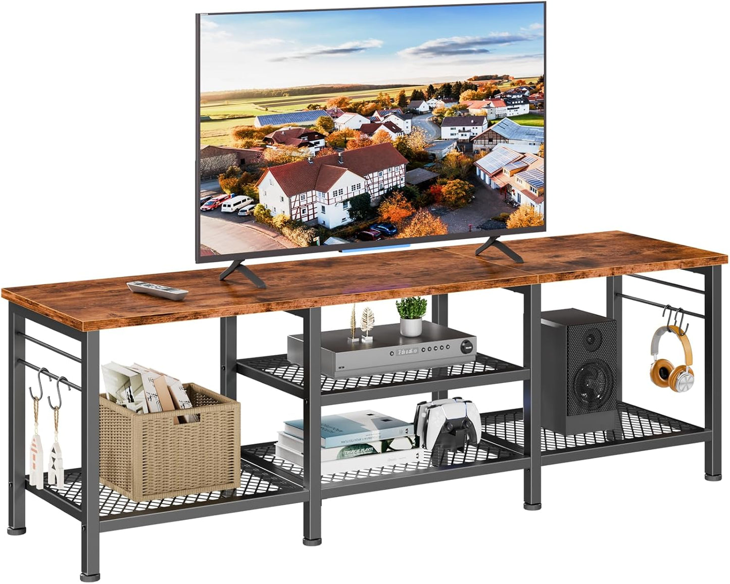 Furologee TV Stand for TVs up to 55 Inch, Entertainment Center with Open Storage Shelves, Media Console Table with Soundbar Shelf for Living Room, Bedroom, Rustic Brown