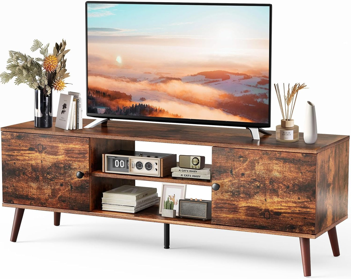 Sweetcrispy TV Stand for 55 60 inch TV, Modern Mid Century Entertainment Center with Storage, Media Console Table 2 Cabinet, Soft Hinge, Handle Door, Wooden Living Room, Office Furniture, Pure Black
