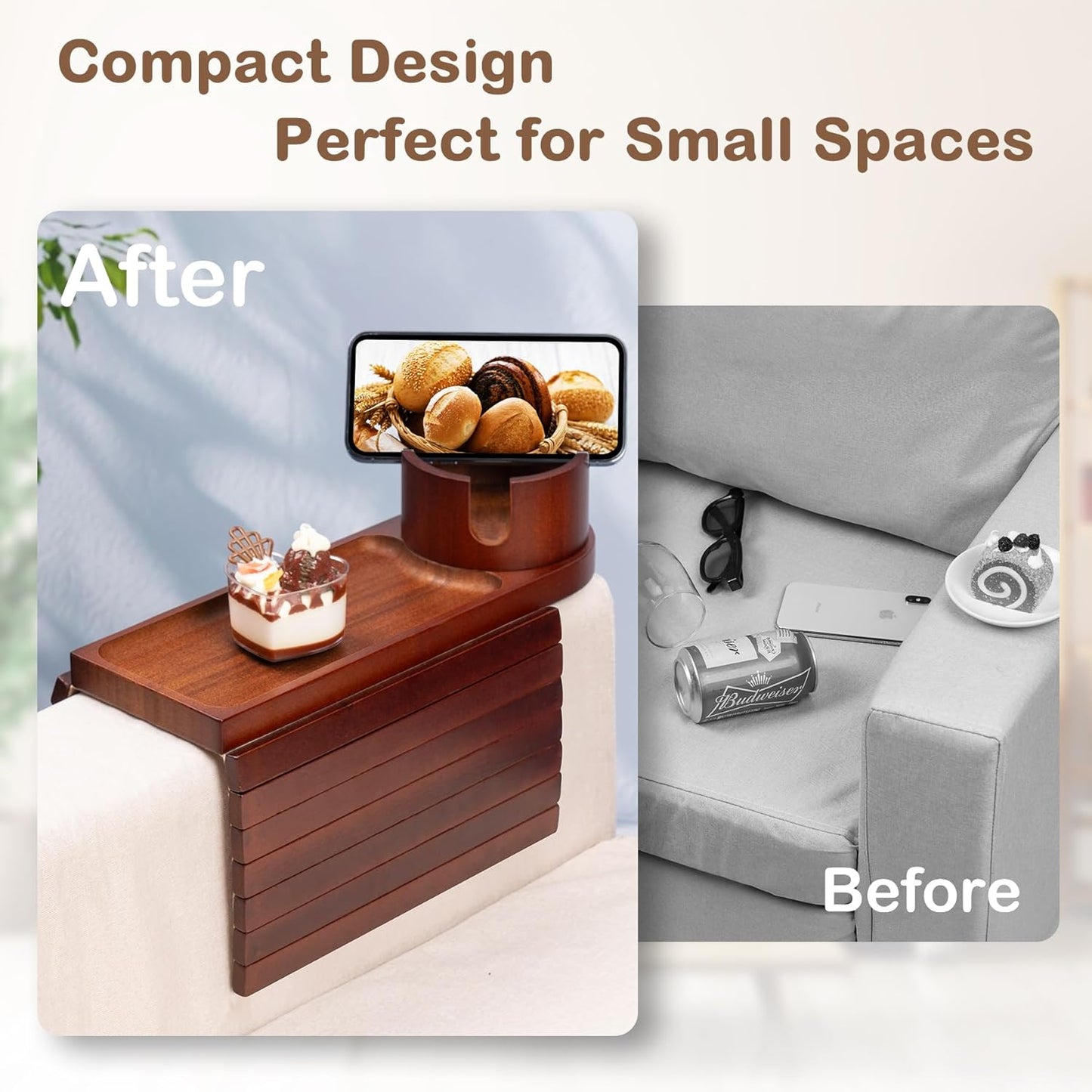 Couch Cup Holder Tray, Bamboo Couch Arm Tray with 360°Rotating Cup Holder, 3 in 1 Foldable Sofa Arm Rest Tray Table for Remote/Snacks/Cups/Drinks Walnut