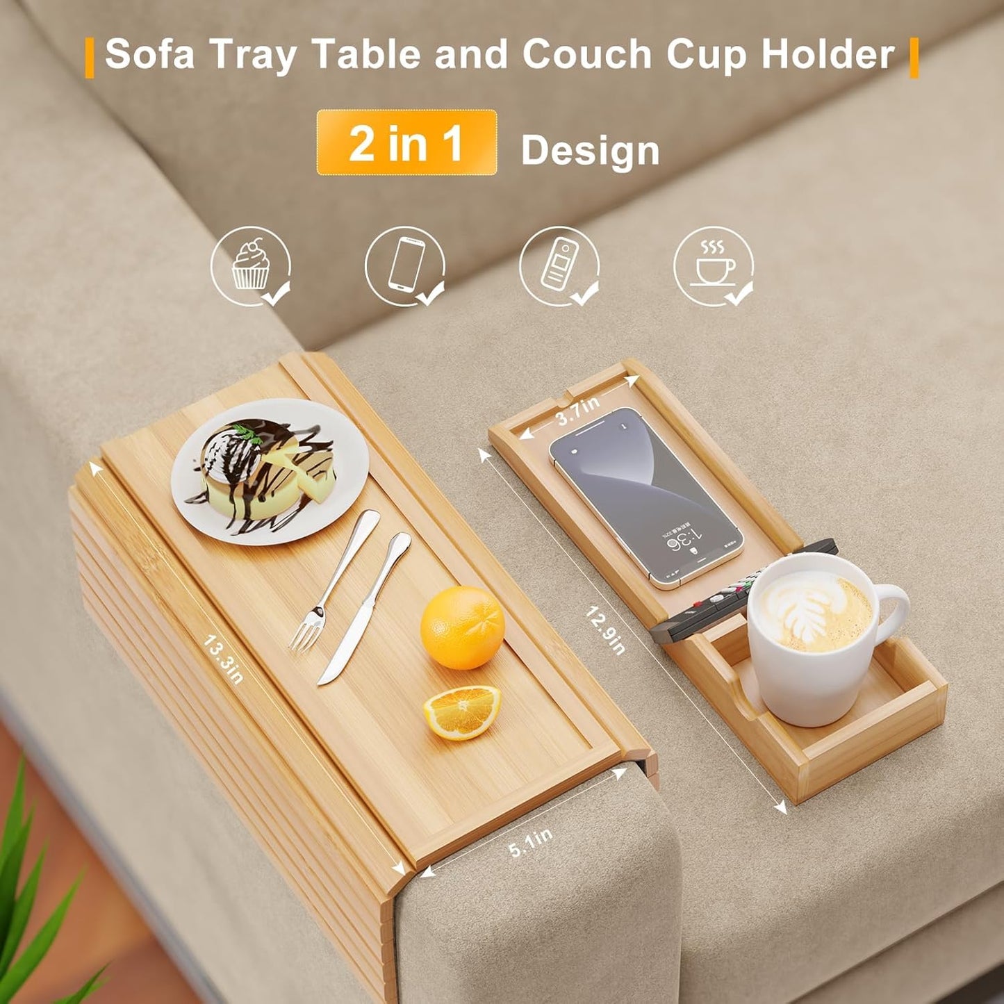 Bamboo Sofa Armrest Tray - Couch Arm Tray with Detachable Couch Cup Holder - 2 in 1 Anti-Slip Foldable Sofa Armchair Caddy Table - Cup Holder for Drinks Cellphone TV Remote Snacks