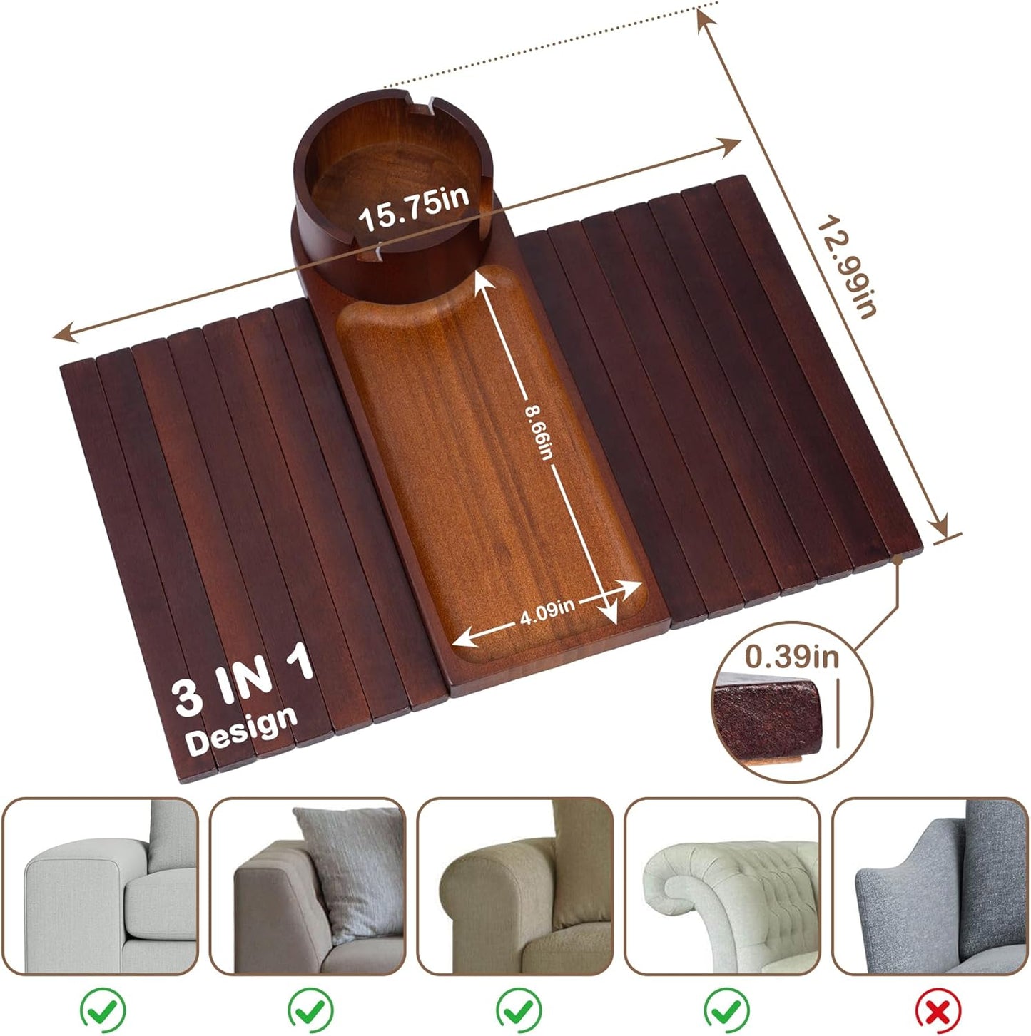 Couch Cup Holder Tray, Bamboo Couch Arm Tray with 360°Rotating Cup Holder, 3 in 1 Foldable Sofa Arm Rest Tray Table for Remote/Snacks/Cups/Drinks Walnut