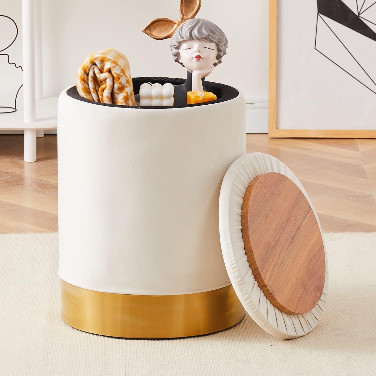 Mxfurhawa Velvet Storage Ottoman Multipurpose Footrest Stool with Metal Base Modern Round Vanity Stool Chair Ottoman Foot Stools Support 300 lbs Padded Seat for Living Room (Cream (Velvet))