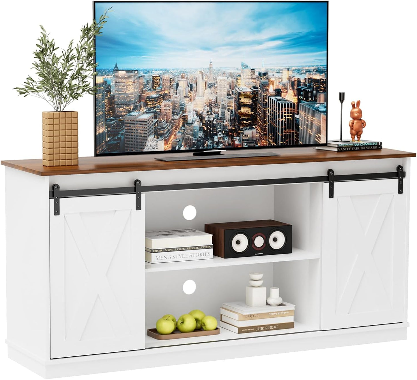 Sweetcrispy Farmhouse TV Stand 65 Inch for Living Room Bedroom Brown, Tall Entertainment Center with Storage Shelves, Media Console Cabinet with Wood Board, 300 LBS Capacity and Sliding Barn Door