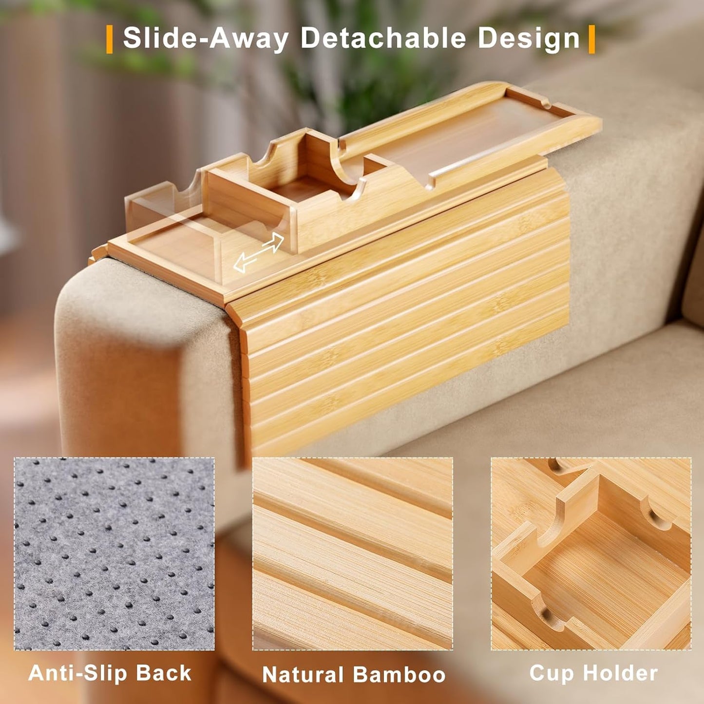 Bamboo Sofa Armrest Tray - Couch Arm Tray with Detachable Couch Cup Holder - 2 in 1 Anti-Slip Foldable Sofa Armchair Caddy Table - Cup Holder for Drinks Cellphone TV Remote Snacks