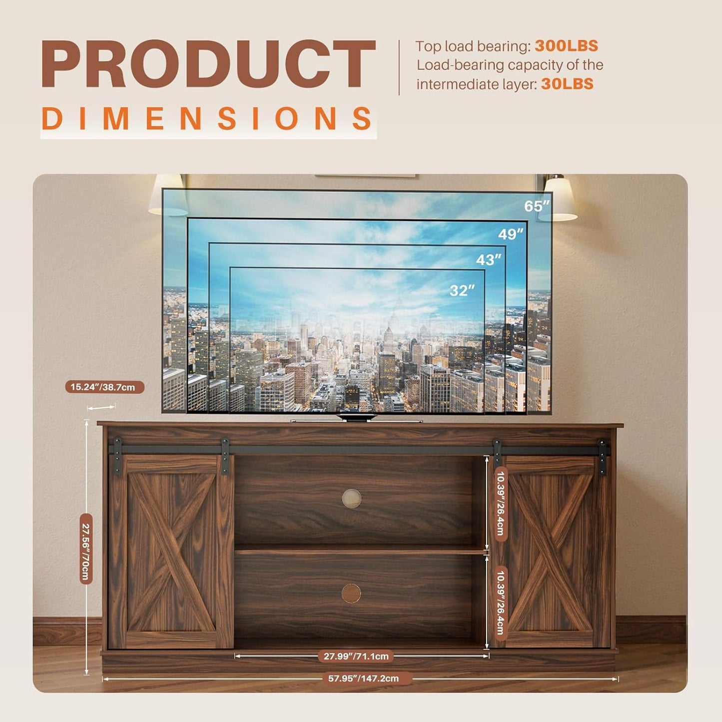 Sweetcrispy Farmhouse TV Stand 65 Inch for Living Room Bedroom Brown, Tall Entertainment Center with Storage Shelves, Media Console Cabinet with Wood Board, 300 LBS Capacity and Sliding Barn Door