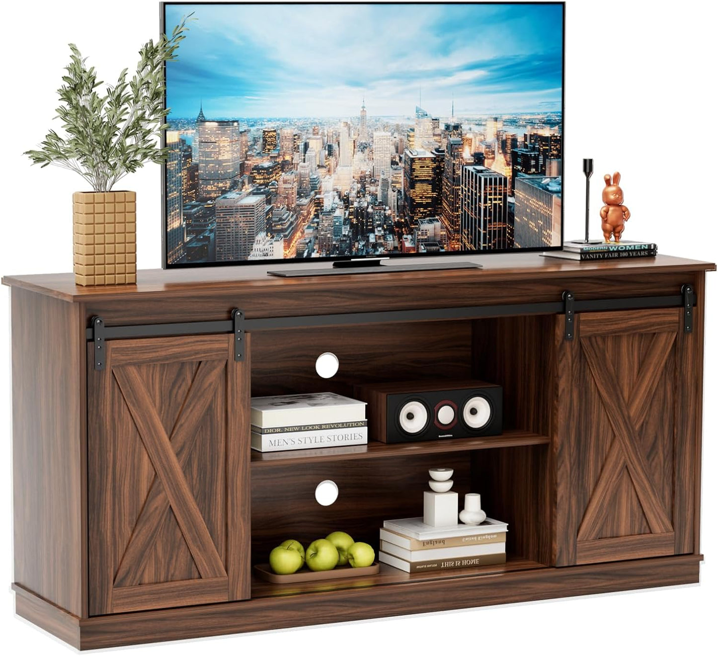 Sweetcrispy Farmhouse TV Stand 65 Inch for Living Room Bedroom Brown, Tall Entertainment Center with Storage Shelves, Media Console Cabinet with Wood Board, 300 LBS Capacity and Sliding Barn Door