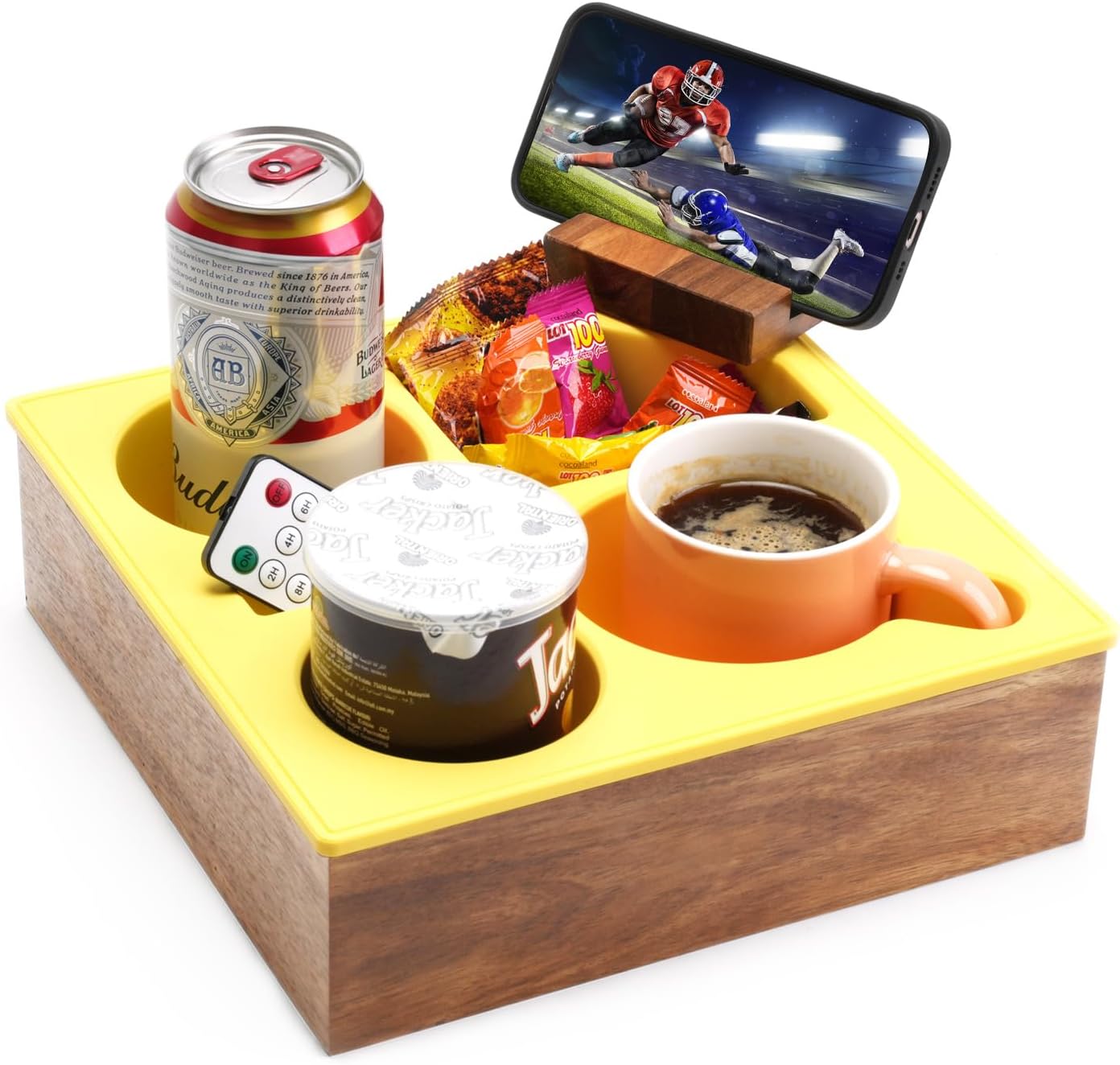 Couch Cup Holder Tray, Handy Soft Silicone Acacia Wooden Couch Caddy for Bed Car Seat Beach Organizer, Waterproof Anti-Spill Sofa Cup Holder for Snacks Beverage Remote (White)