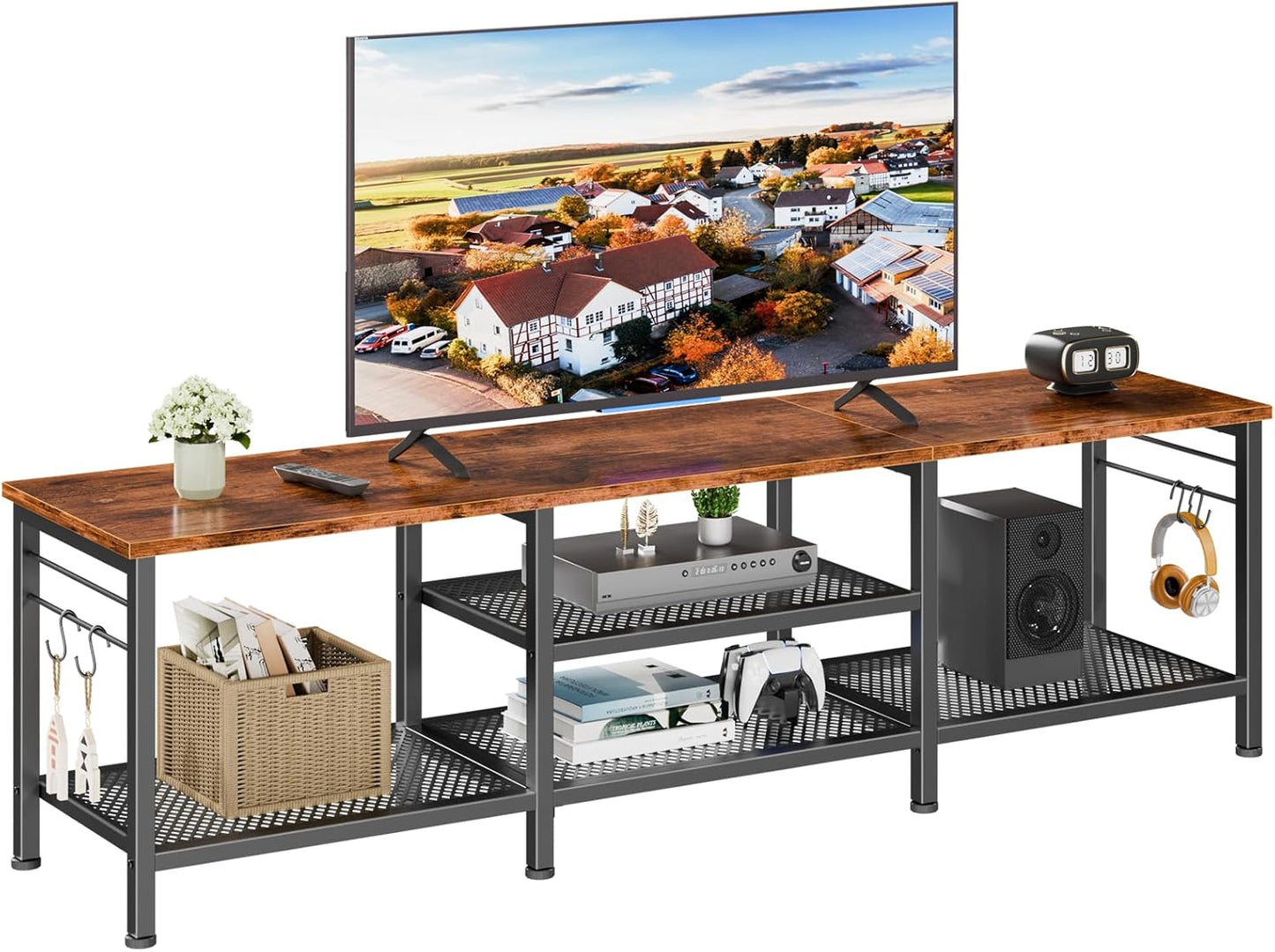Furologee TV Stand for TVs up to 55 Inch, Entertainment Center with Open Storage Shelves, Media Console Table with Soundbar Shelf for Living Room, Bedroom, Rustic Brown