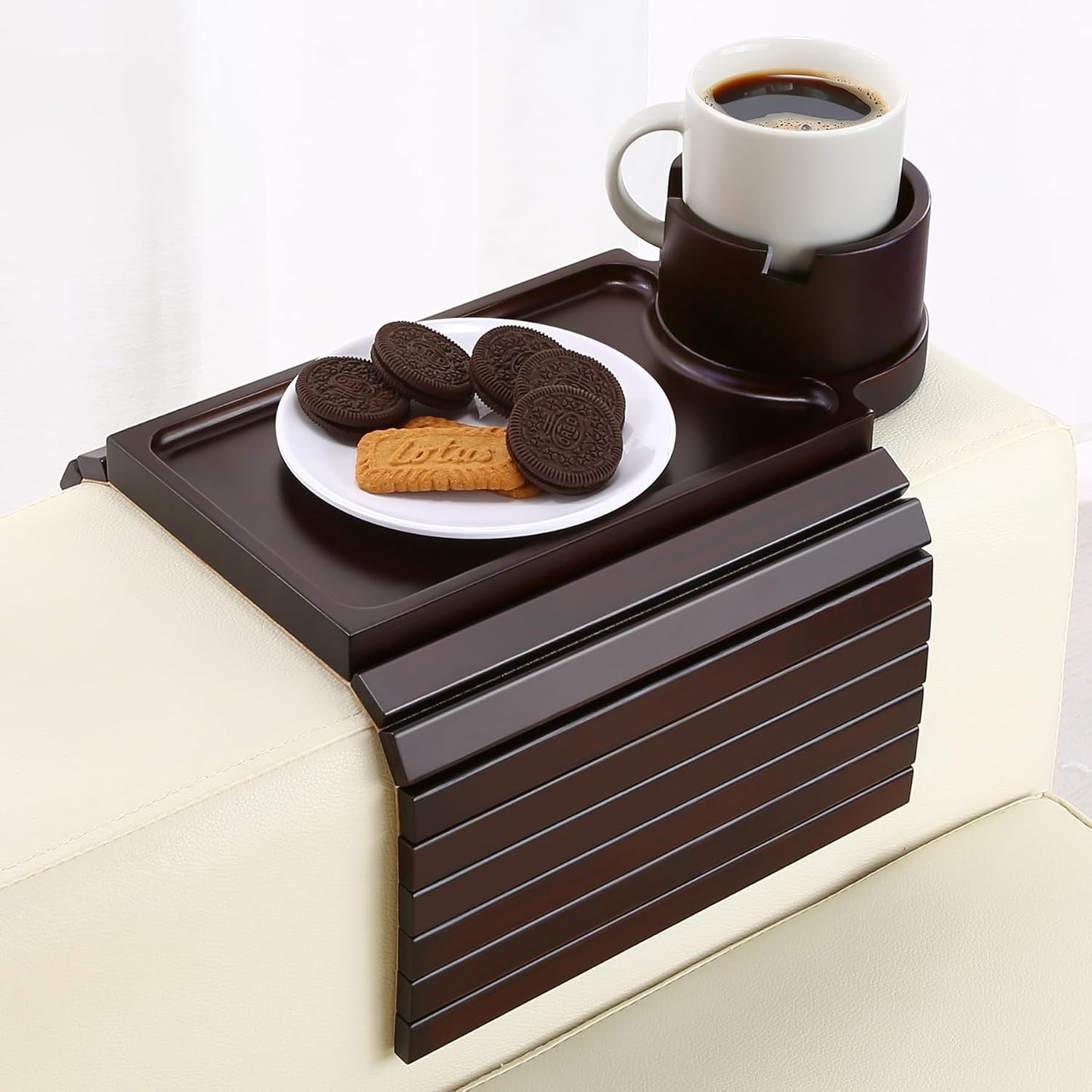 Couch Cup Holder Tray, 3 in 1 Couch Arm Trays,Large Bamboo Chair Arm Rest Tray with 360° Cup Holder,Removable Anti-Slip Organizer for Snack Eating