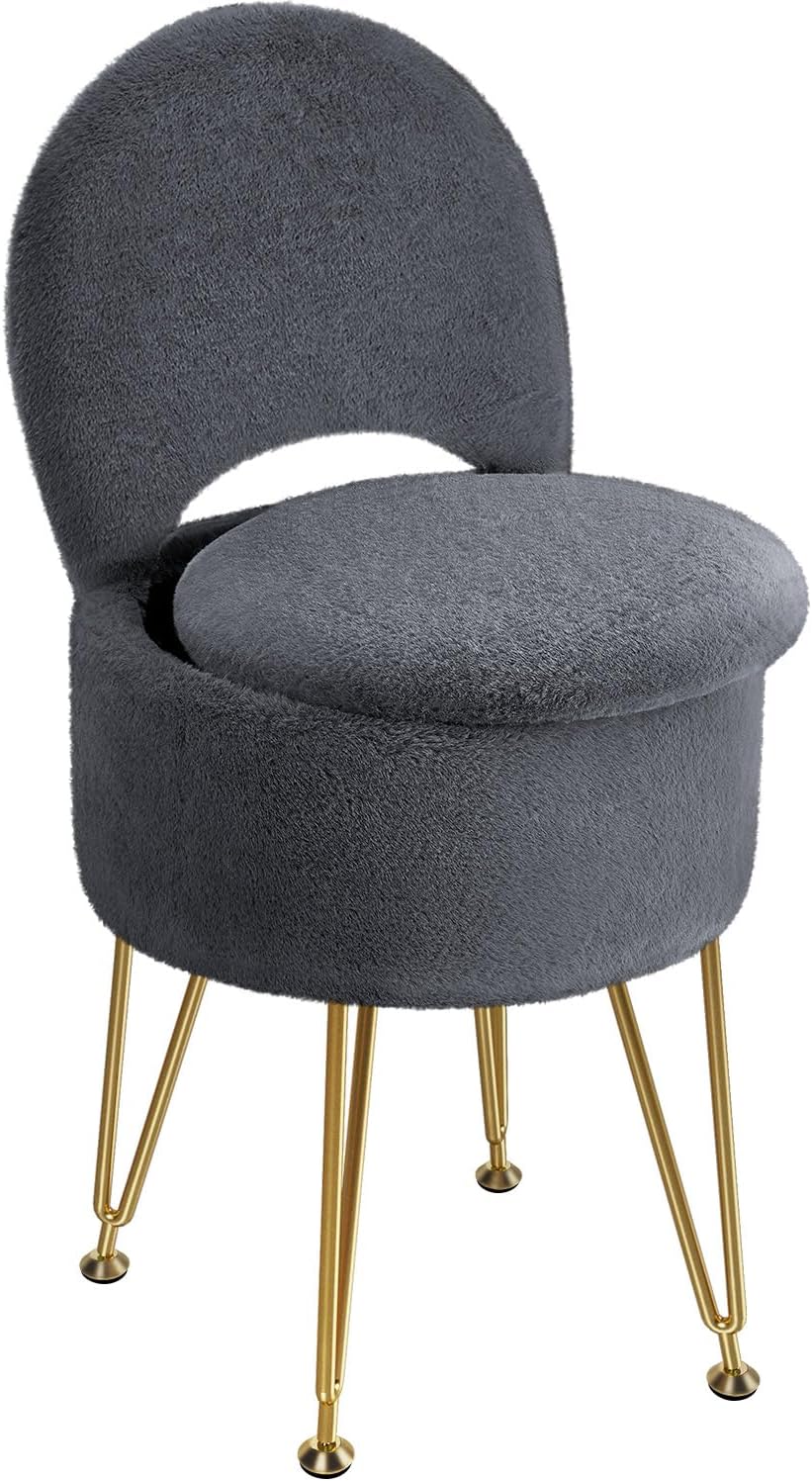 GREENSTELL Small Vanity Stool Chair with Storage and Folding Back, 13" x 13" x 17.7" Faux Fur Soft Ottoman for Teenager, 4 Metal Legs with Anti-Slip Feet, Furry Padded Seat for Makeup, Bedroom, White