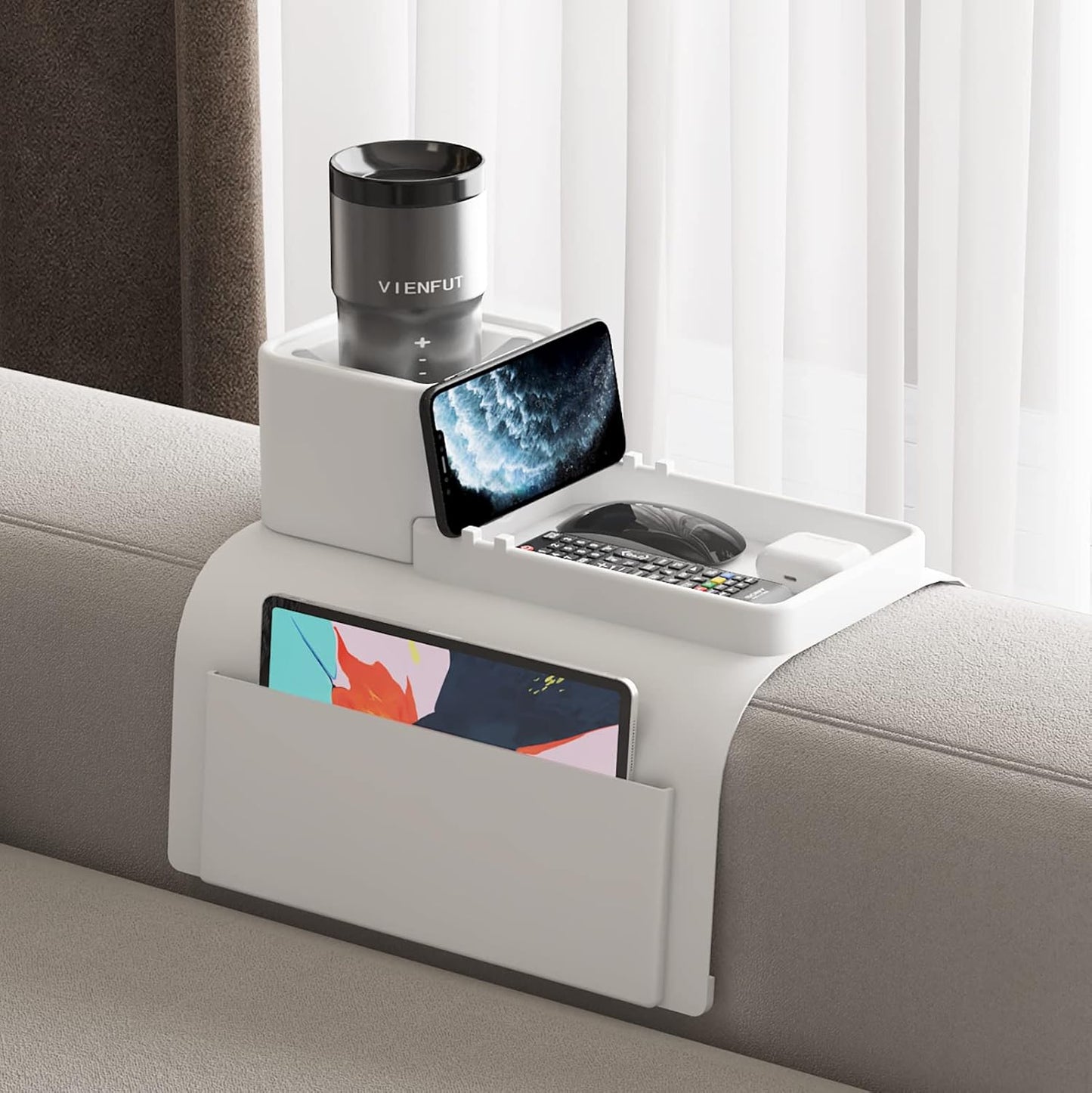 Silicone Couch Cup Holder, VIENFUT Anti-Spill Anti-Slip Sofa Armrest Tray BPA-Free, Dirt-Resistant Silicone Couch Arm Tray for Remote, Snacks, Cellphone and iPad, Gift for Family, Friend (Black)