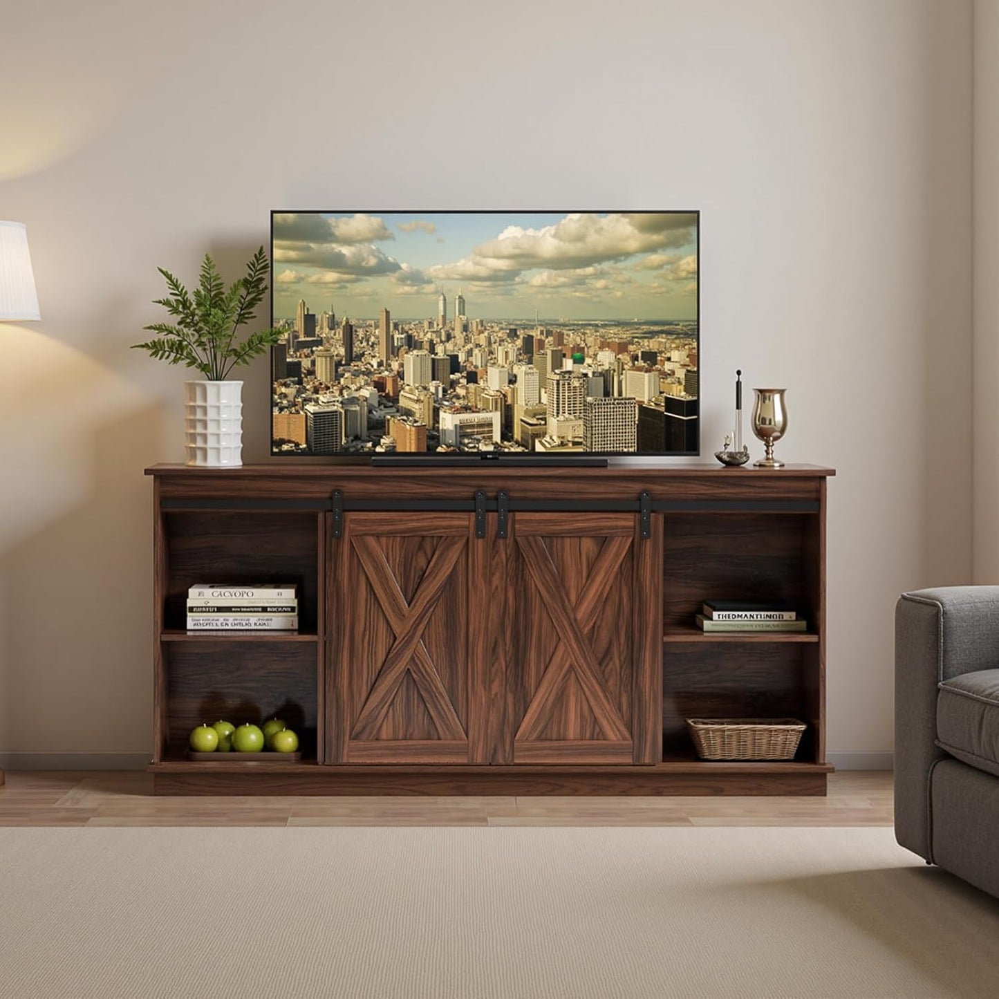 Sweetcrispy Farmhouse TV Stand 65 Inch for Living Room Bedroom Brown, Tall Entertainment Center with Storage Shelves, Media Console Cabinet with Wood Board, 300 LBS Capacity and Sliding Barn Door