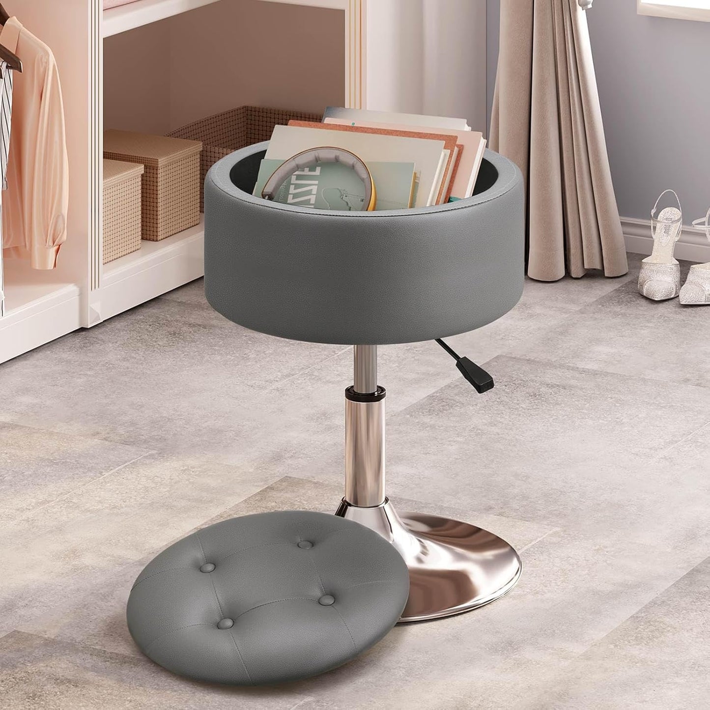 GREENSTELL Vanity Stool with Storage, 19" to 23" Height Adjustable PU Leather Vanity Chair, 360° Swivel Makeup Stool with Removeable Tray, Modern Ottoman for Bedroom Bathroom, Grey