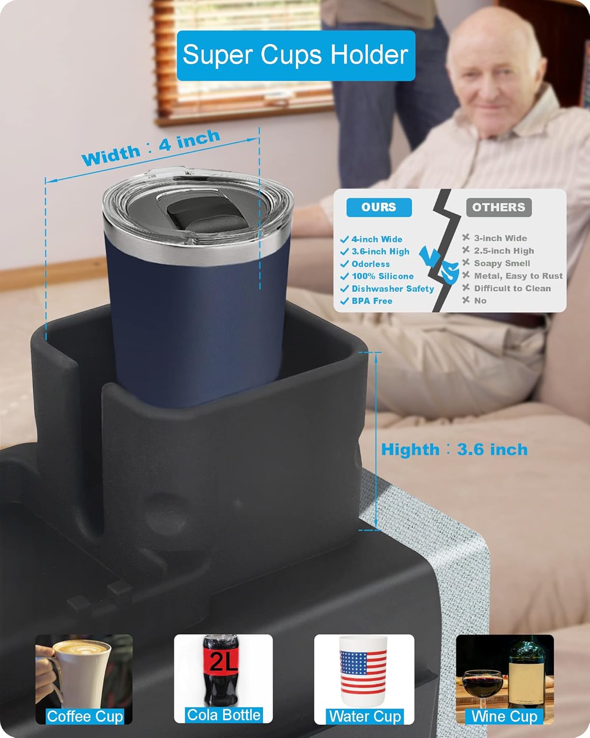 Silicone Couch Cup Holder, VIENFUT Anti-Spill Anti-Slip Sofa Armrest Tray BPA-Free, Dirt-Resistant Silicone Couch Arm Tray for Remote, Snacks, Cellphone and iPad, Gift for Family, Friend (Black)