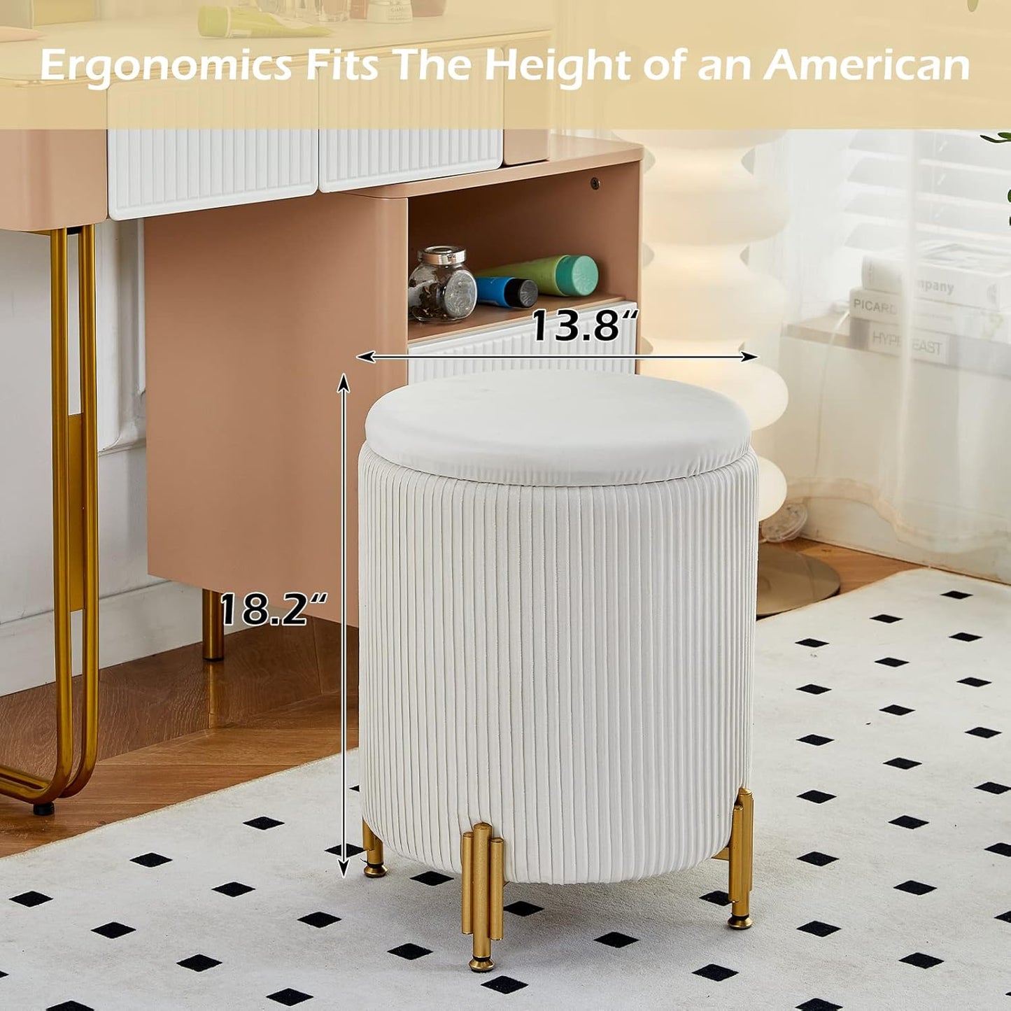 Mxfurhawa Round Ottoman Foot Stool with Storage and Metal Legs for Living Room Bedroom, Velvet Upholstered Footrest Stool Support 300lbs Modern Padded Seat Ottoman Coffee Table (Cream)