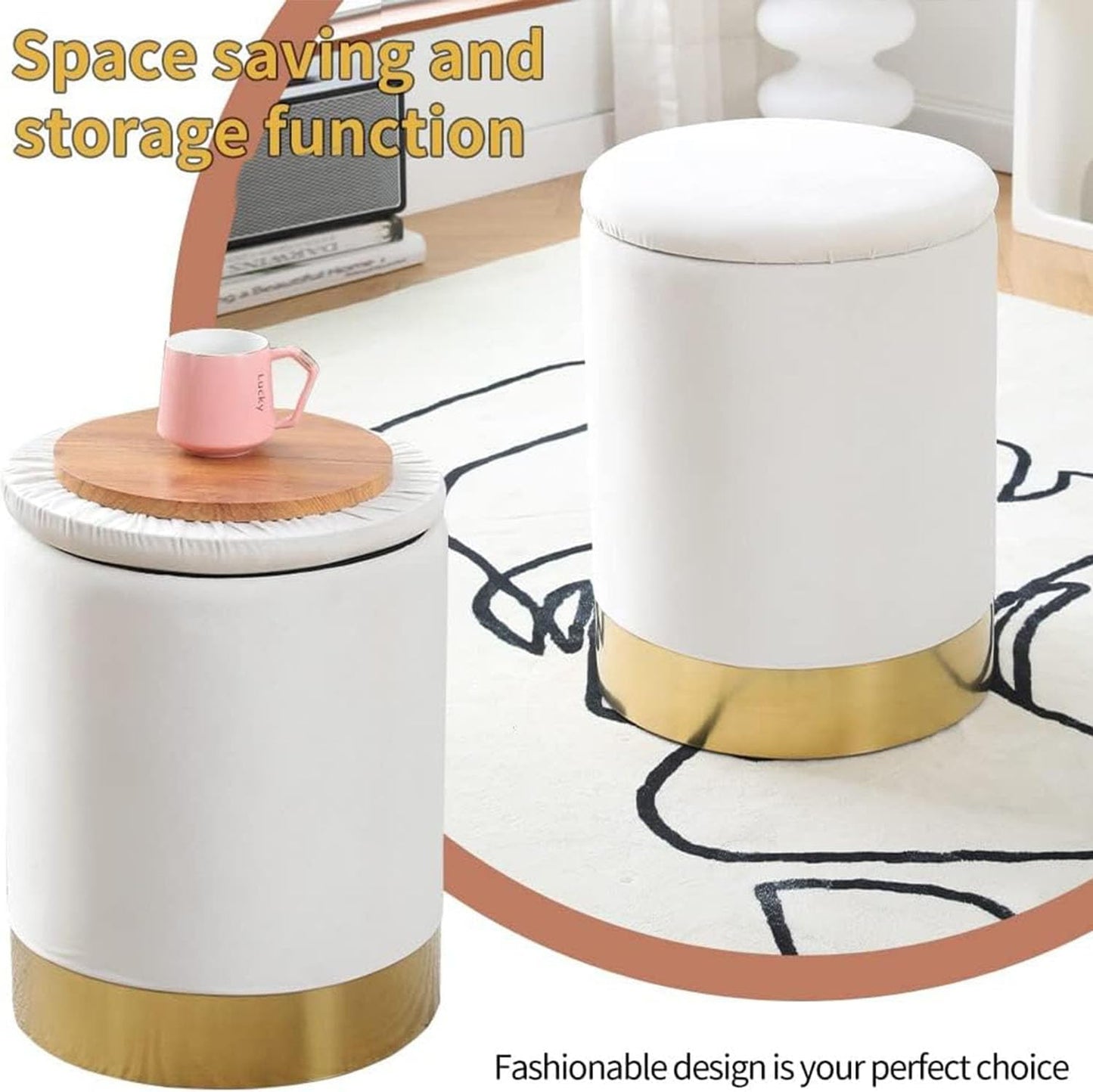 Mxfurhawa Velvet Storage Ottoman Multipurpose Footrest Stool with Metal Base Modern Round Vanity Stool Chair Ottoman Foot Stools Support 300 lbs Padded Seat for Living Room (Cream (Velvet))