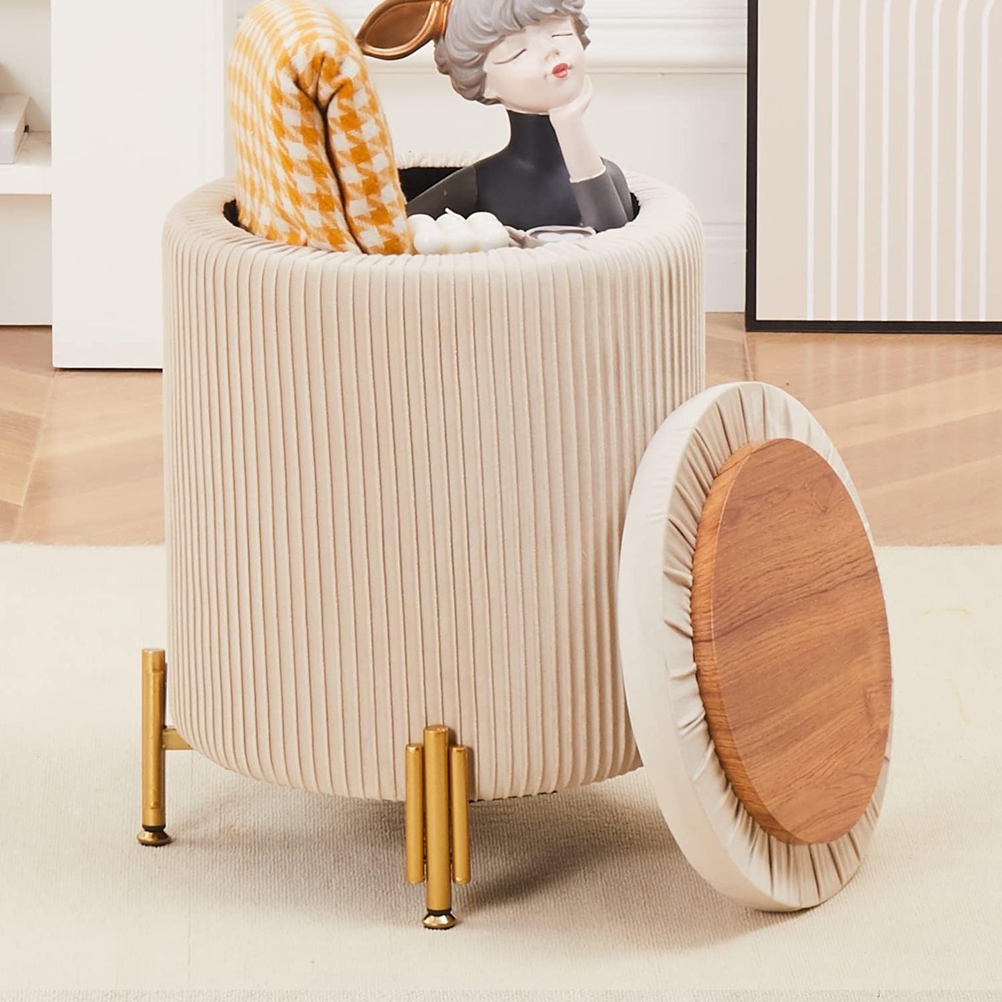 Mxfurhawa Round Ottoman Foot Stool with Storage and Metal Legs for Living Room Bedroom, Velvet Upholstered Footrest Stool Support 300lbs Modern Padded Seat Ottoman Coffee Table (Cream)