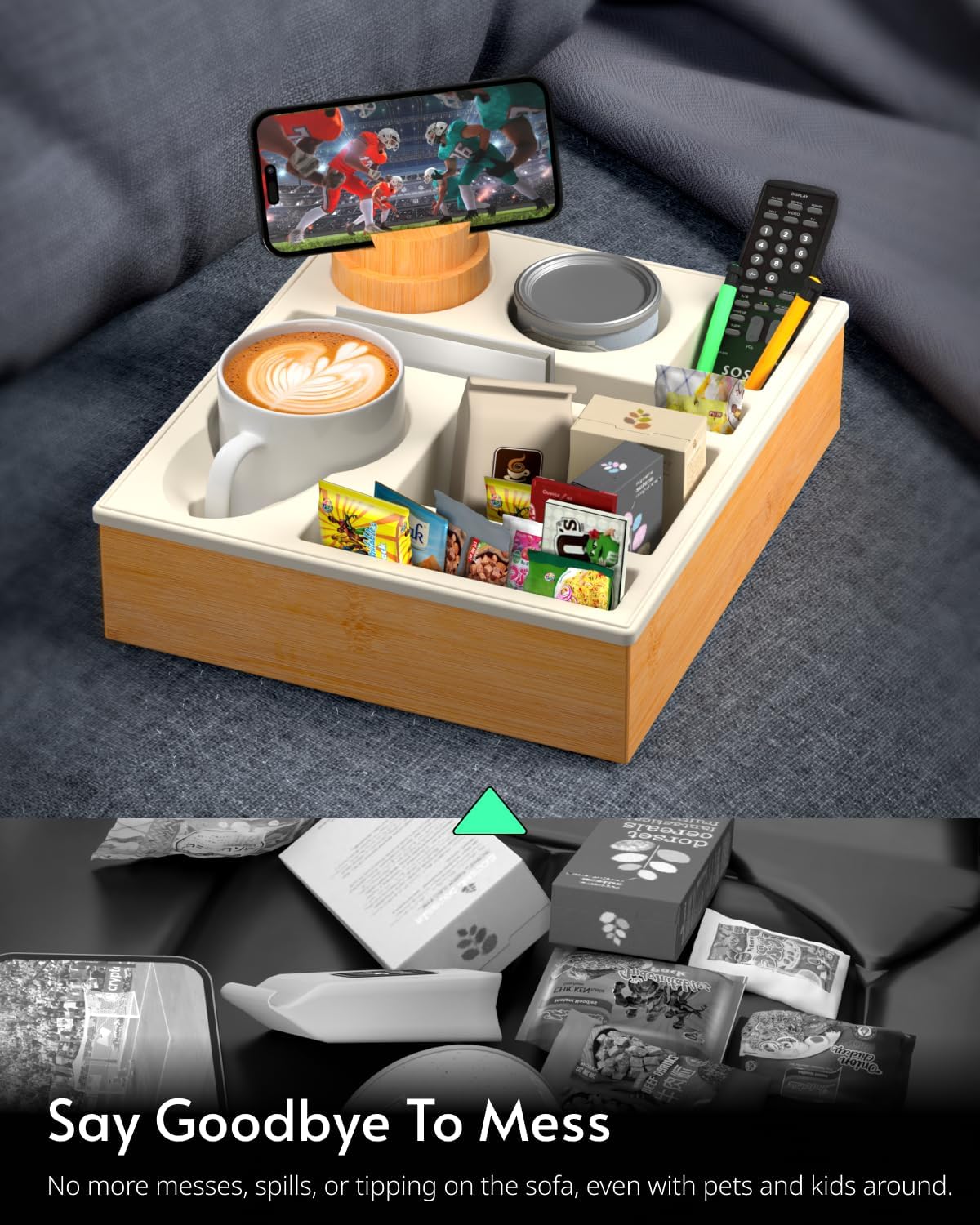 Couch Cup Holder Tray - Couch Organizer Caddy, Silicone Beach Caddy with Cup Holder, Sofa and Bed Drink Holder and Couch Tray Table for Snacks Beverage Remote (Beige)