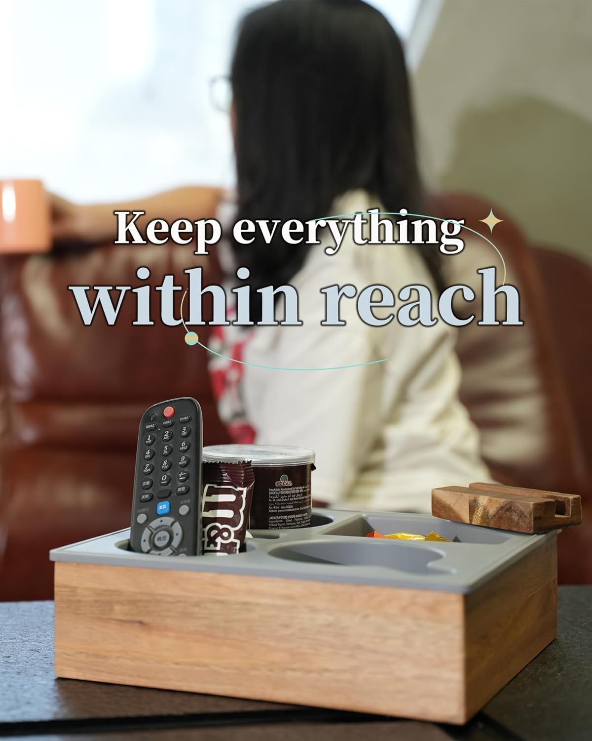 Couch Cup Holder Tray, Handy Soft Silicone Acacia Wooden Couch Caddy for Bed Car Seat Beach Organizer, Waterproof Anti-Spill Sofa Cup Holder for Snacks Beverage Remote (White)