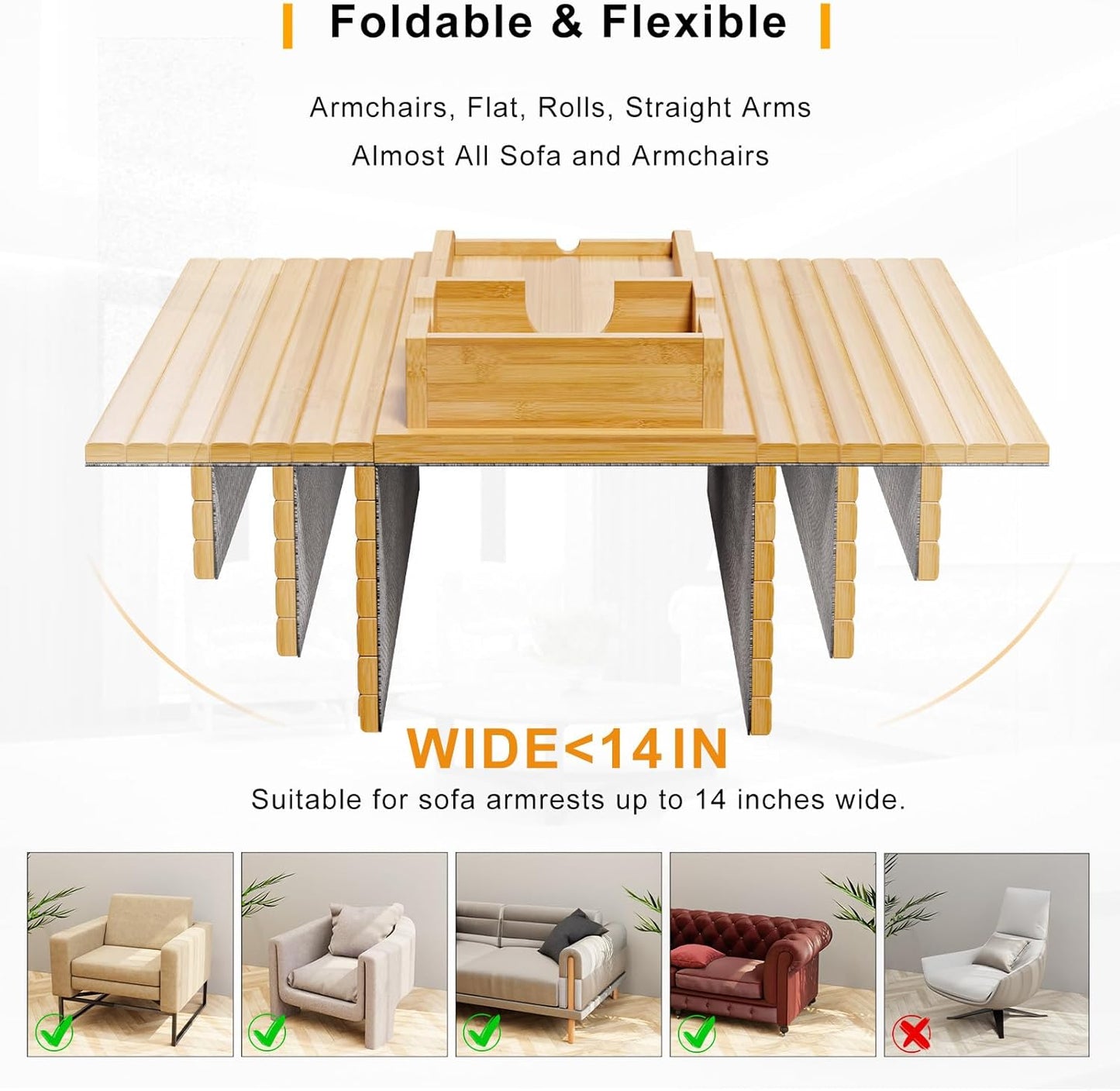Bamboo Sofa Armrest Tray - Couch Arm Tray with Detachable Couch Cup Holder - 2 in 1 Anti-Slip Foldable Sofa Armchair Caddy Table - Cup Holder for Drinks Cellphone TV Remote Snacks