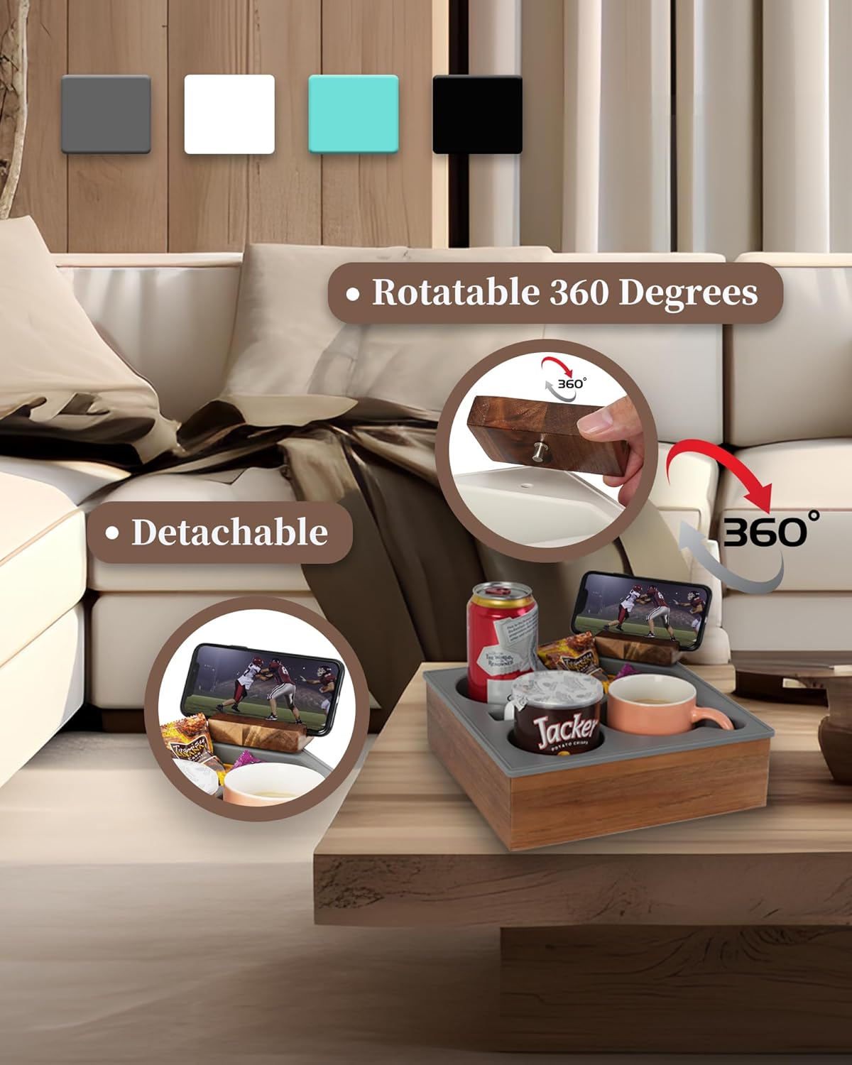 Couch Cup Holder Tray, Handy Soft Silicone Acacia Wooden Couch Caddy for Bed Car Seat Beach Organizer, Waterproof Anti-Spill Sofa Cup Holder for Snacks Beverage Remote (White)