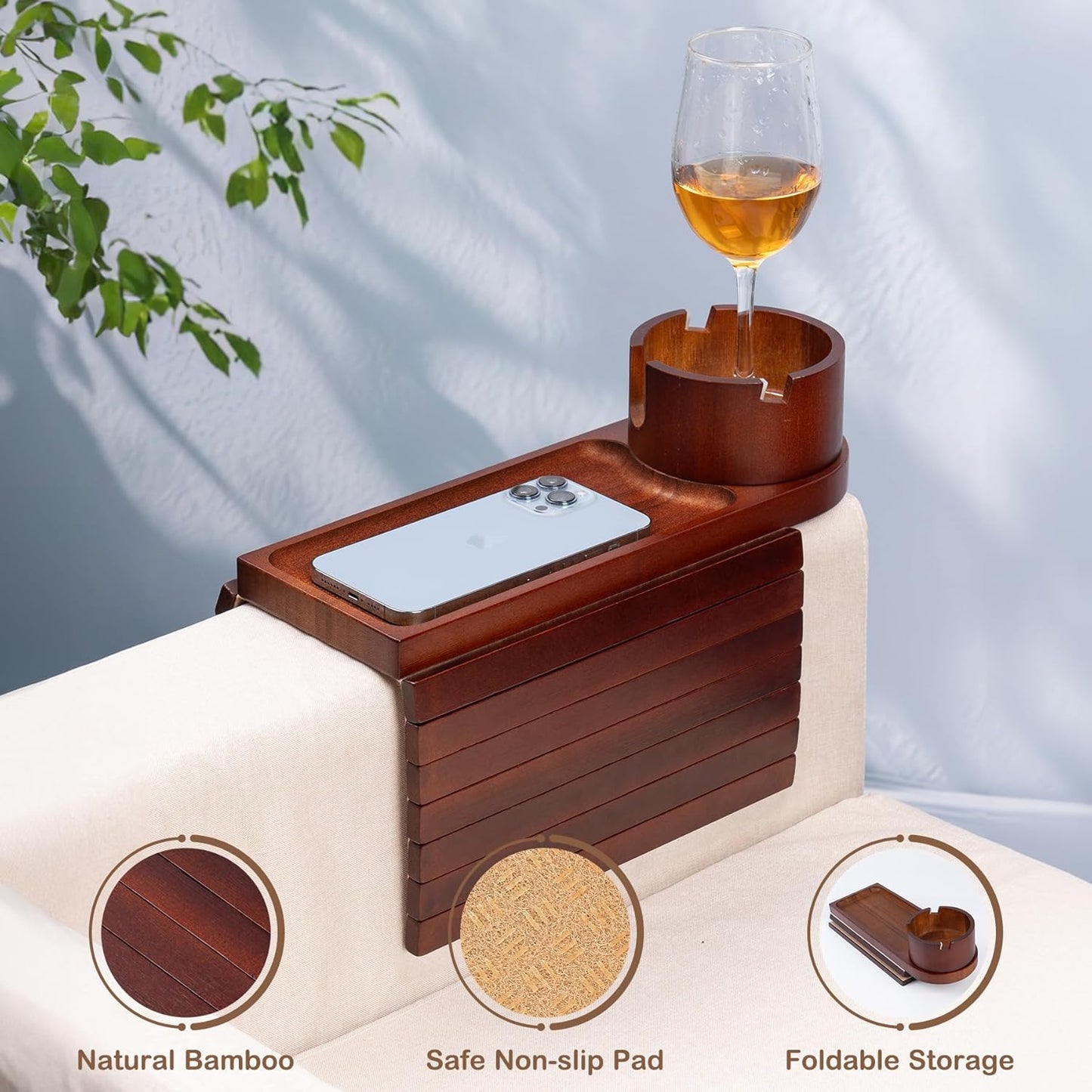 Couch Cup Holder Tray, Bamboo Couch Arm Tray with 360°Rotating Cup Holder, 3 in 1 Foldable Sofa Arm Rest Tray Table for Remote/Snacks/Cups/Drinks Walnut