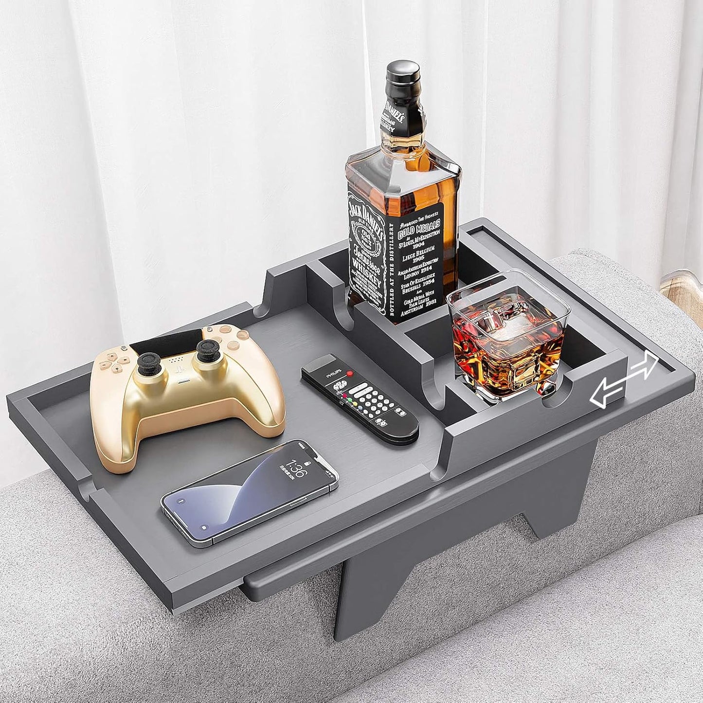 Bamboo Sofa Armrest Tray - Couch Arm Tray with Detachable Couch Cup Holder - 2 in 1 Anti-Slip Foldable Sofa Armchair Caddy Table - Cup Holder for Drinks Cellphone TV Remote Snacks