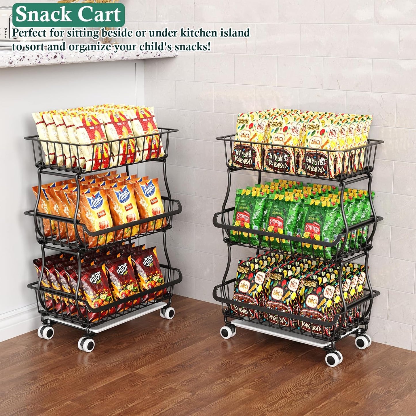3-Tier Rolling Pantry Floor Organizer and Storage Cart with Wheels, Stackable Wire Pantry Baskets for Pantry Shelves, Kitchen Fruit Basket Stand and Storage Rack for Fruit Snack Onion Potato
