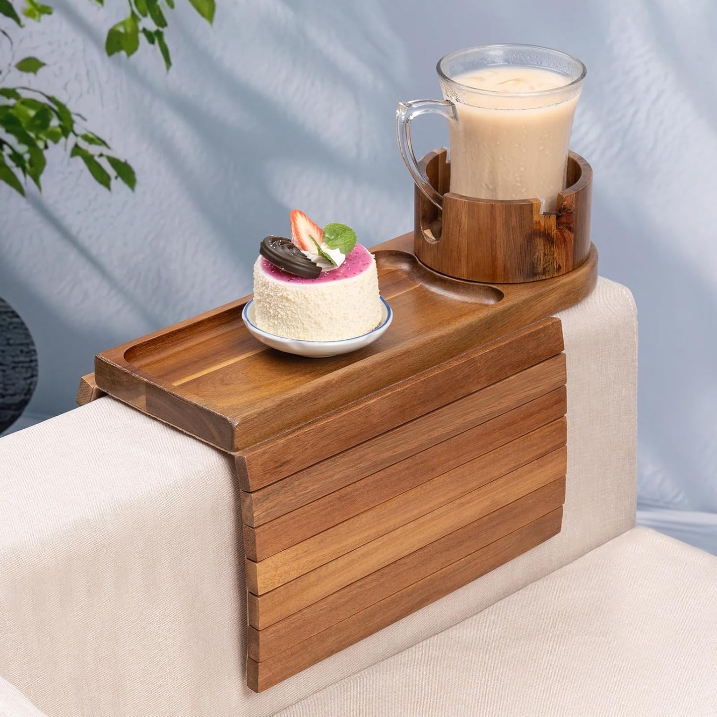 Couch Cup Holder Tray, Bamboo Couch Arm Tray with 360°Rotating Cup Holder, 3 in 1 Foldable Sofa Arm Rest Tray Table for Remote/Snacks/Cups/Drinks Walnut