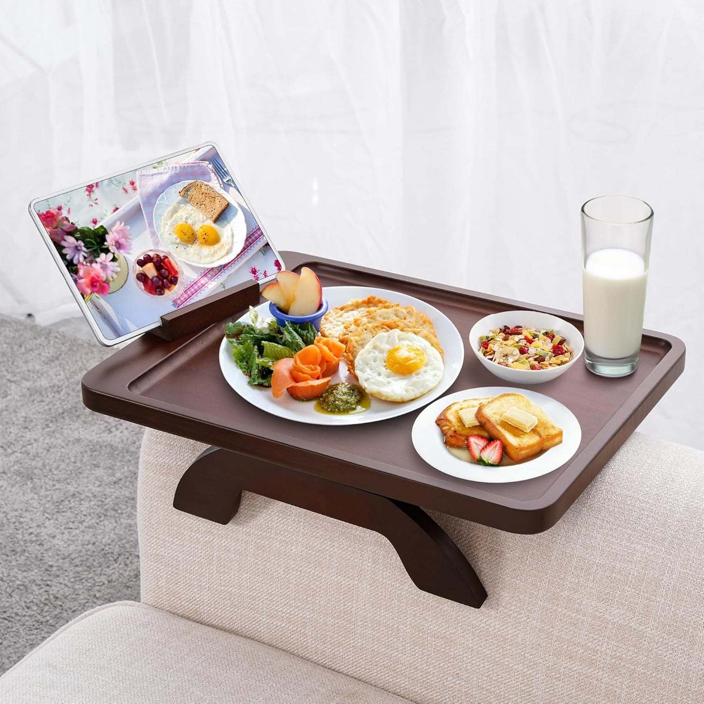 SINWANT Couch Arm Tray,Bamboo Sofa Clip on Side Table,Foldable Couch Armrest Table with 360° Phone Holder,Food Trays for Eating/Drinks/Snacks/Remote