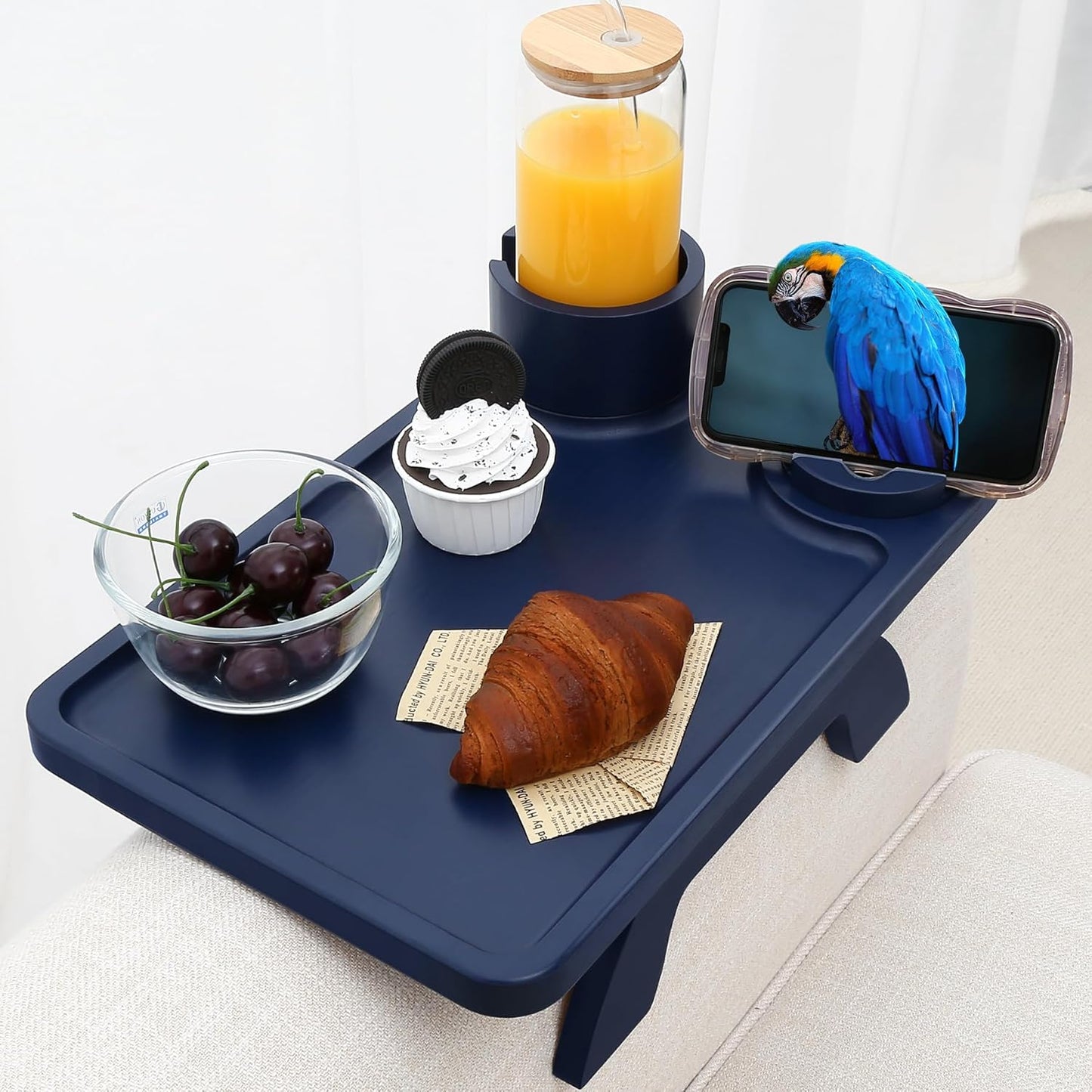 Nnewvante Couch Cup Holder Tray, 3 in 1 Large 15.36"x9.85" Acacia Wood Sofa Arm Clip on Tray Table with 360°Rotated Phone Holder on Armrest