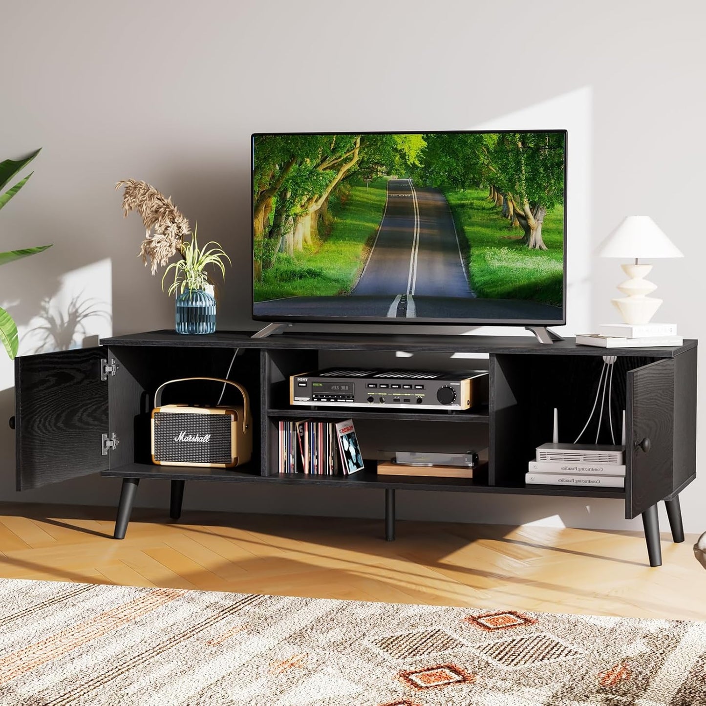 Sweetcrispy TV Stand for 55 60 inch TV, Modern Mid Century Entertainment Center with Storage, Media Console Table 2 Cabinet, Soft Hinge, Handle Door, Wooden Living Room, Office Furniture, Pure Black