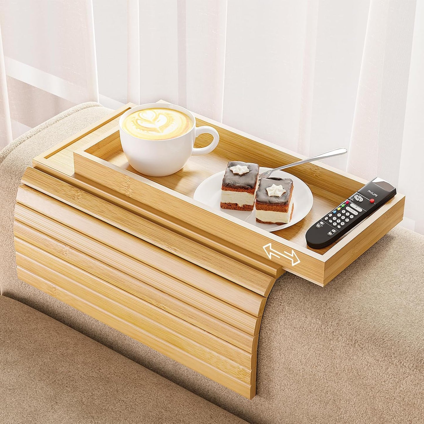 Bamboo Sofa Armrest Tray - Couch Arm Tray with Detachable Couch Cup Holder - 2 in 1 Anti-Slip Foldable Sofa Armchair Caddy Table - Cup Holder for Drinks Cellphone TV Remote Snacks
