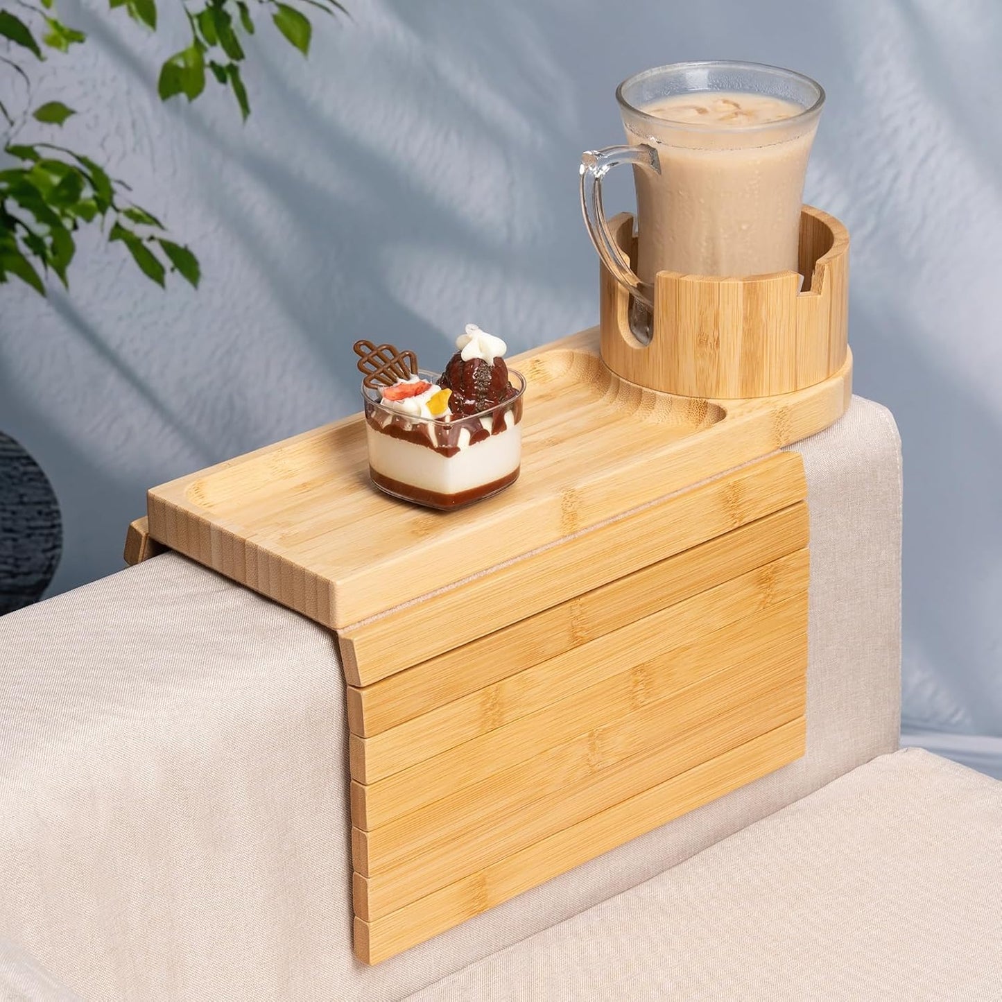 Couch Cup Holder Tray, Bamboo Couch Arm Tray with 360°Rotating Cup Holder, 3 in 1 Foldable Sofa Arm Rest Tray Table for Remote/Snacks/Cups/Drinks Walnut