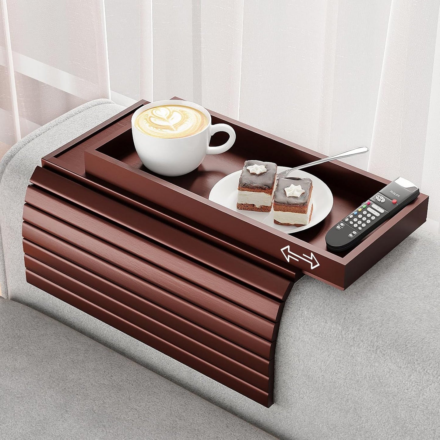 Bamboo Sofa Armrest Tray - Couch Arm Tray with Detachable Couch Cup Holder - 2 in 1 Anti-Slip Foldable Sofa Armchair Caddy Table - Cup Holder for Drinks Cellphone TV Remote Snacks