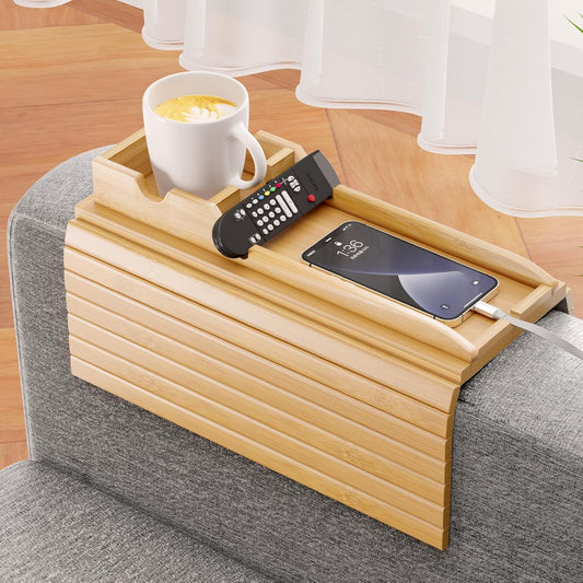 Bamboo Sofa Armrest Tray - Couch Arm Tray with Detachable Couch Cup Holder - 2 in 1 Anti-Slip Foldable Sofa Armchair Caddy Table - Cup Holder for Drinks Cellphone TV Remote Snacks