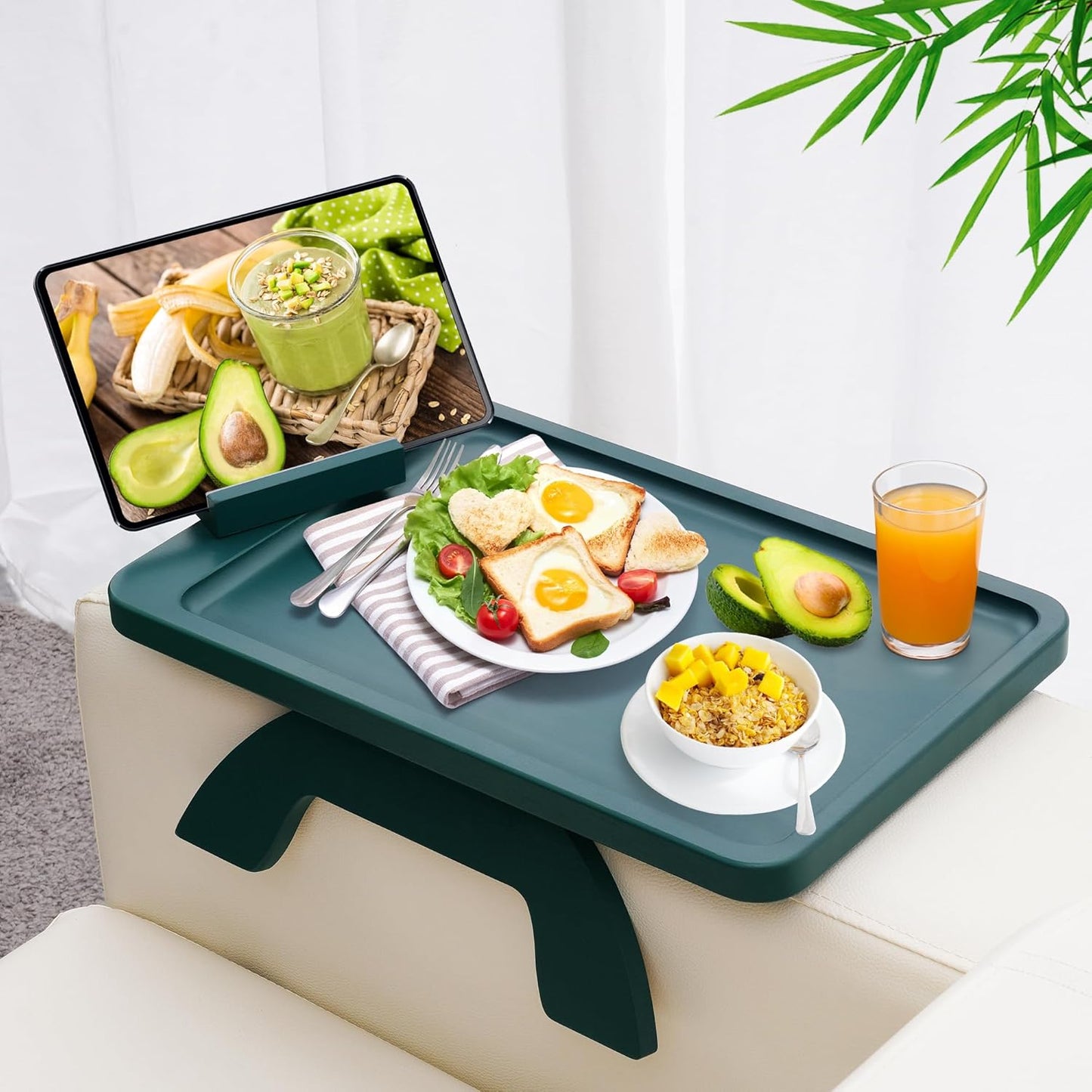 SINWANT Couch Arm Tray,Bamboo Sofa Clip on Side Table,Foldable Couch Armrest Table with 360° Phone Holder,Food Trays for Eating/Drinks/Snacks/Remote