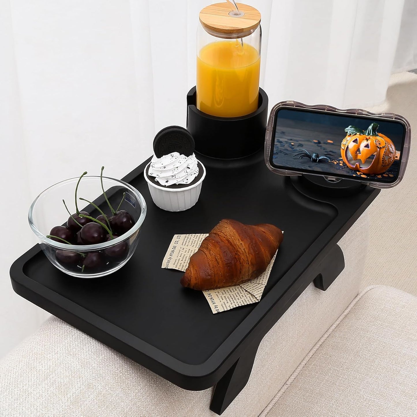 Nnewvante Couch Cup Holder Tray, 3 in 1 Large 15.36"x9.85" Acacia Wood Sofa Arm Clip on Tray Table with 360°Rotated Phone Holder on Armrest