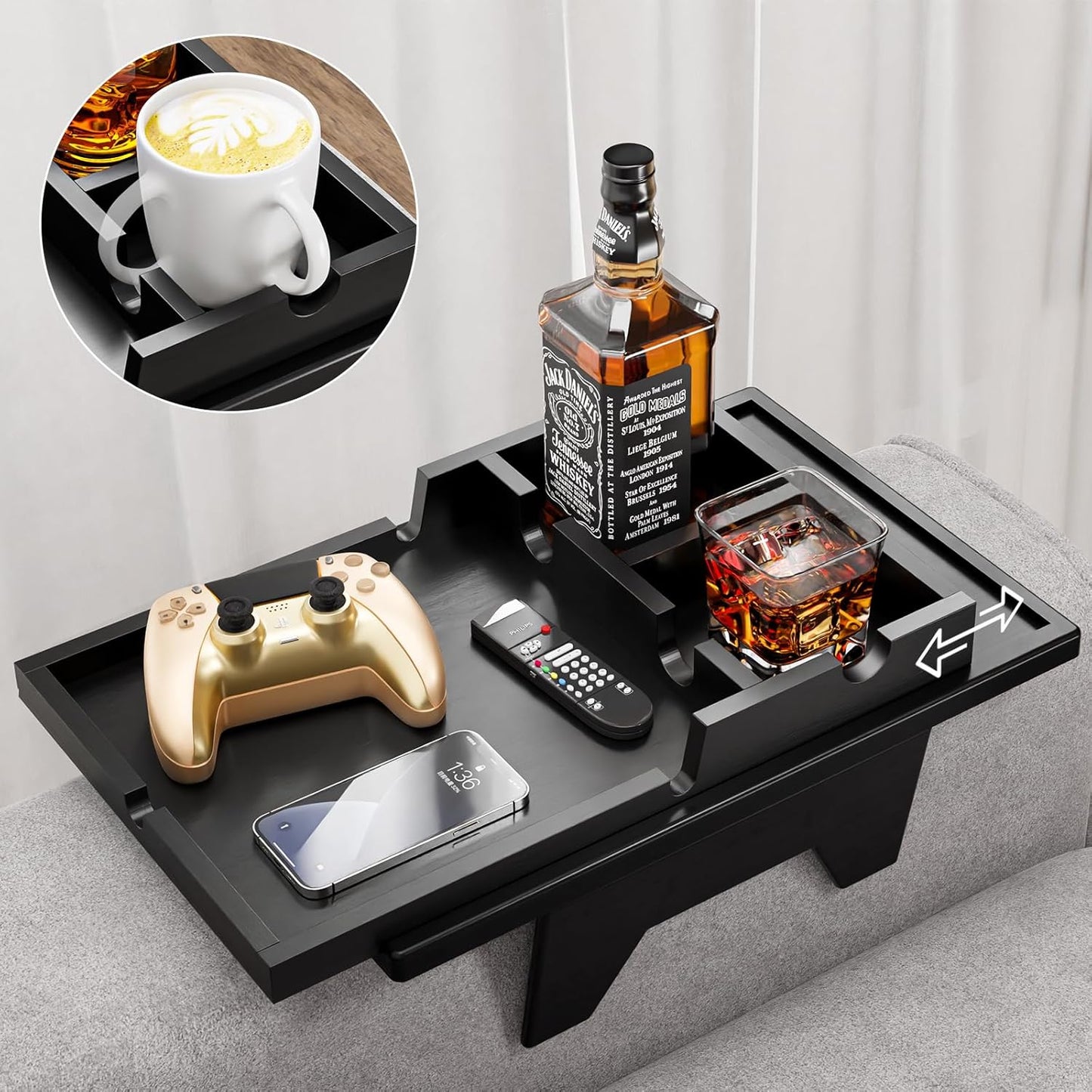 Bamboo Sofa Armrest Tray - Couch Arm Tray with Detachable Couch Cup Holder - 2 in 1 Anti-Slip Foldable Sofa Armchair Caddy Table - Cup Holder for Drinks Cellphone TV Remote Snacks