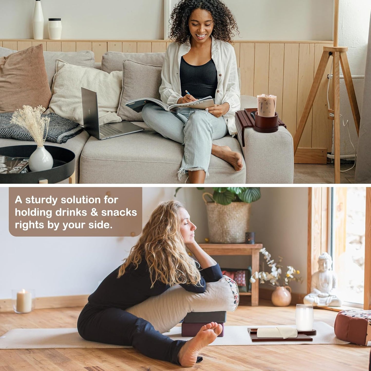 Couch Cup Holder Tray, Bamboo Couch Arm Tray with 360°Rotating Cup Holder, 3 in 1 Foldable Sofa Arm Rest Tray Table for Remote/Snacks/Cups/Drinks Walnut