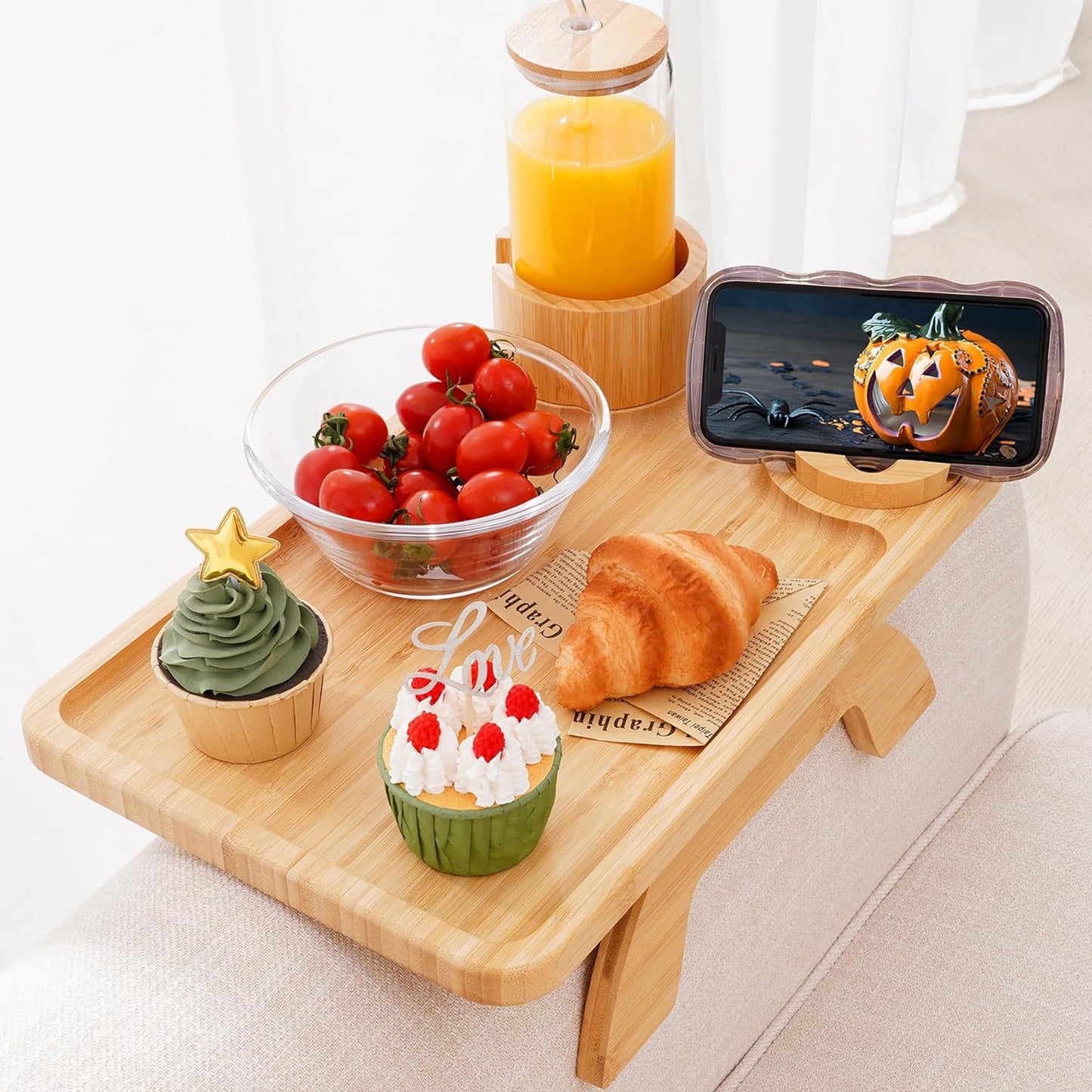 Nnewvante Couch Cup Holder Tray, 3 in 1 Large 15.36"x9.85" Acacia Wood Sofa Arm Clip on Tray Table with 360°Rotated Phone Holder on Armrest