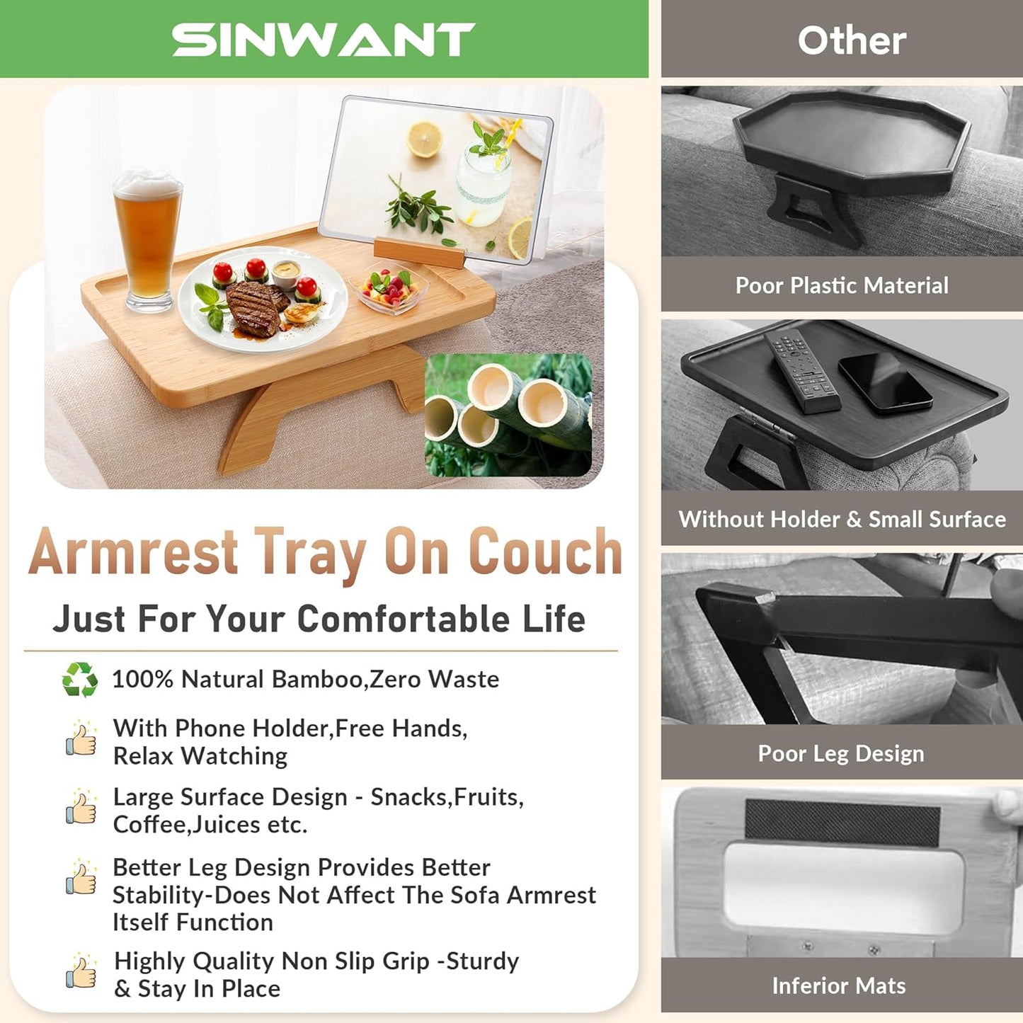 SINWANT Couch Arm Tray,Bamboo Sofa Clip on Side Table,Foldable Couch Armrest Table with 360° Phone Holder,Food Trays for Eating/Drinks/Snacks/Remote