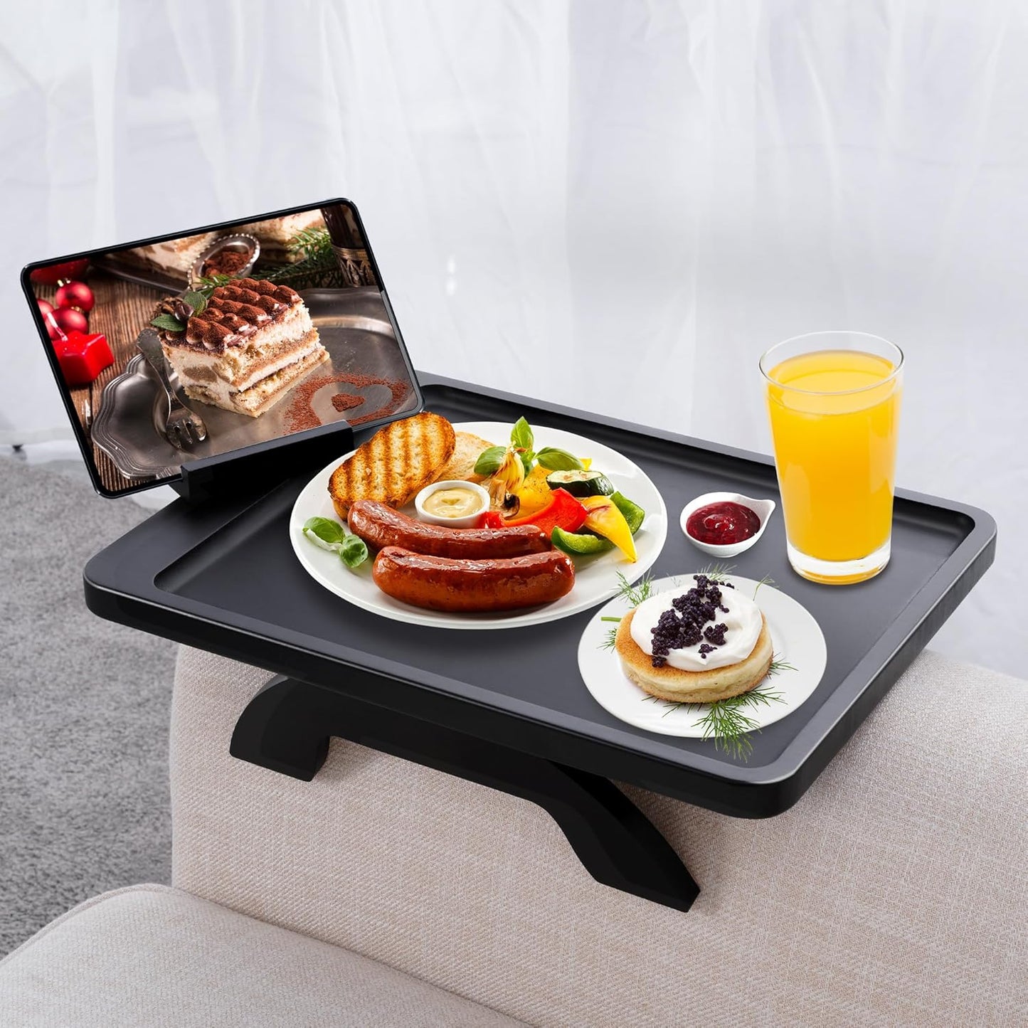 SINWANT Couch Arm Tray,Bamboo Sofa Clip on Side Table,Foldable Couch Armrest Table with 360° Phone Holder,Food Trays for Eating/Drinks/Snacks/Remote