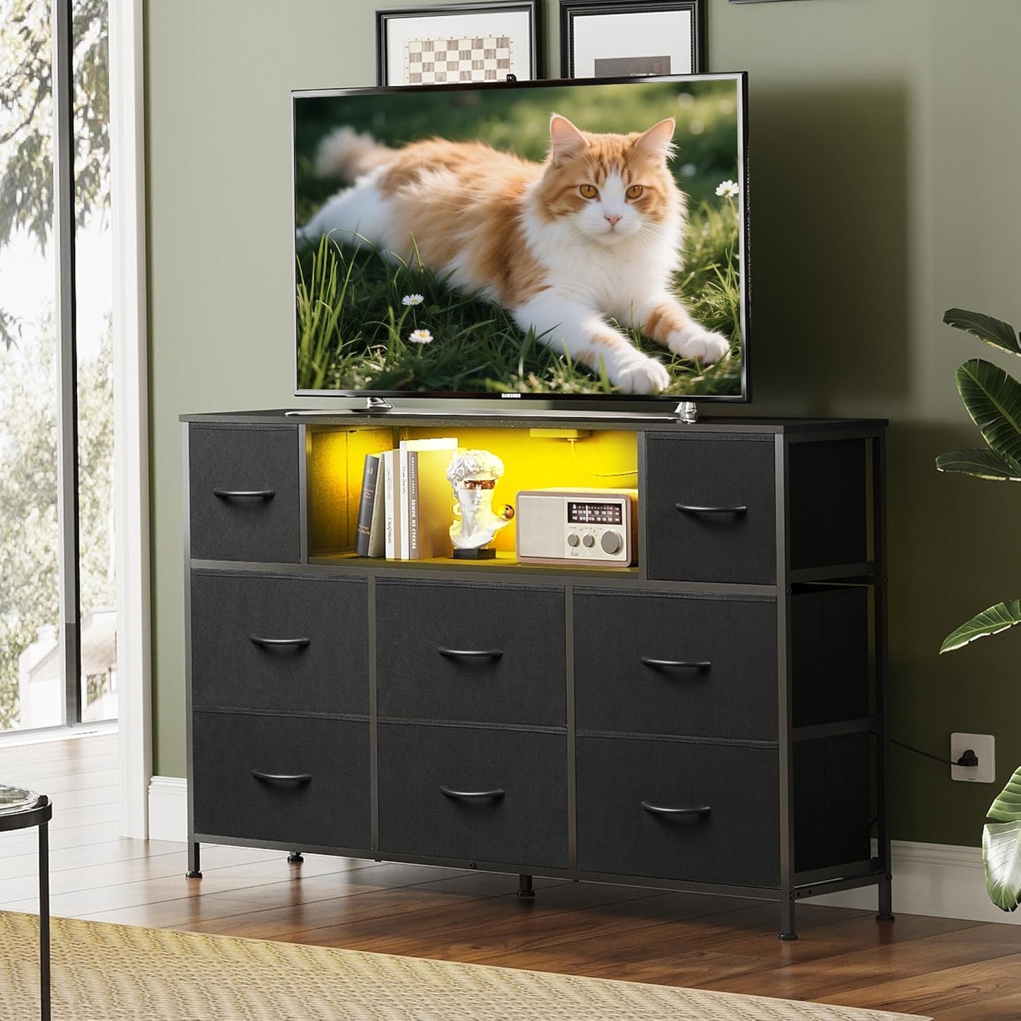 WLIVE Black TV Stand for 45, 50, 55 inch TV, Entertainment Center with LED Lights & Charging Station, TV Media Console Table with 8 Fabric Drawers and Open Shelves for Living Room, Hallway, Wood Top