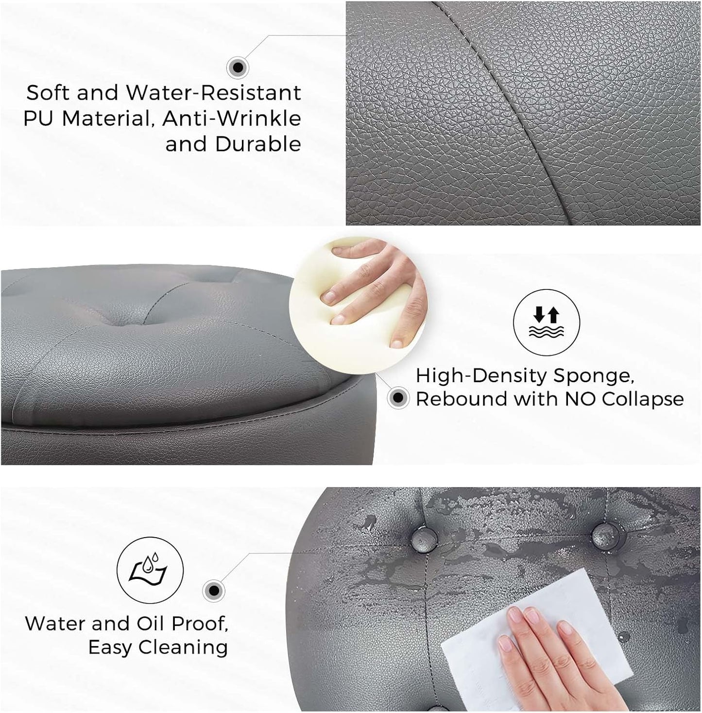 GREENSTELL Vanity Stool with Storage, 19" to 23" Height Adjustable PU Leather Vanity Chair, 360° Swivel Makeup Stool with Removeable Tray, Modern Ottoman for Bedroom Bathroom, Grey