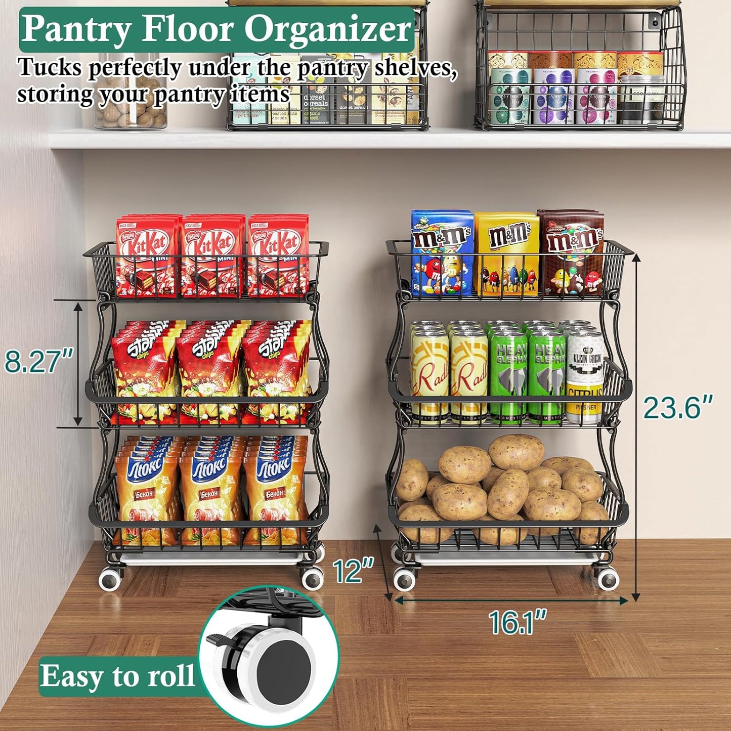 3-Tier Rolling Pantry Floor Organizer and Storage Cart with Wheels, Stackable Wire Pantry Baskets for Pantry Shelves, Kitchen Fruit Basket Stand and Storage Rack for Fruit Snack Onion Potato